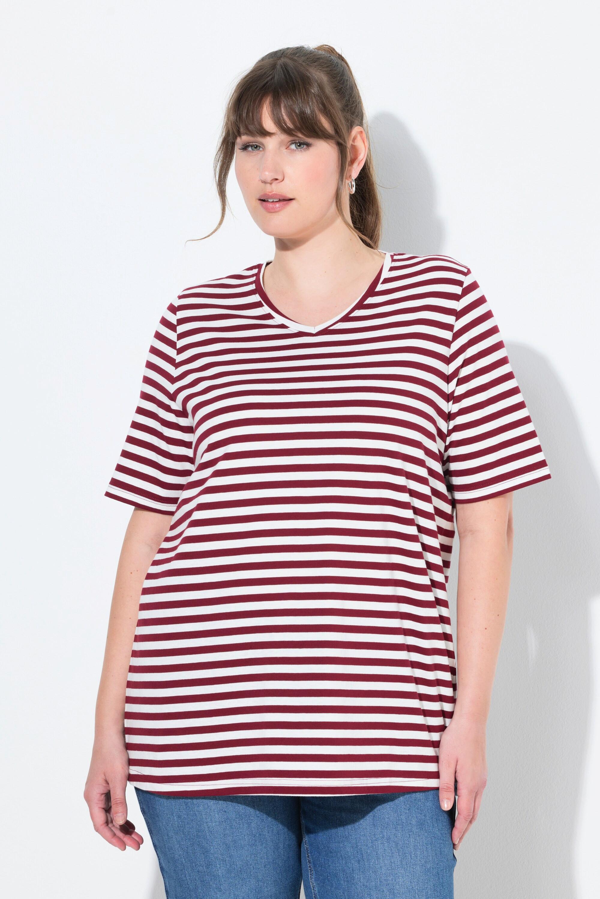 Ulla Popken T-Shirts 2er-Pack Ringel Uni V-Ausschnitt Halbarm