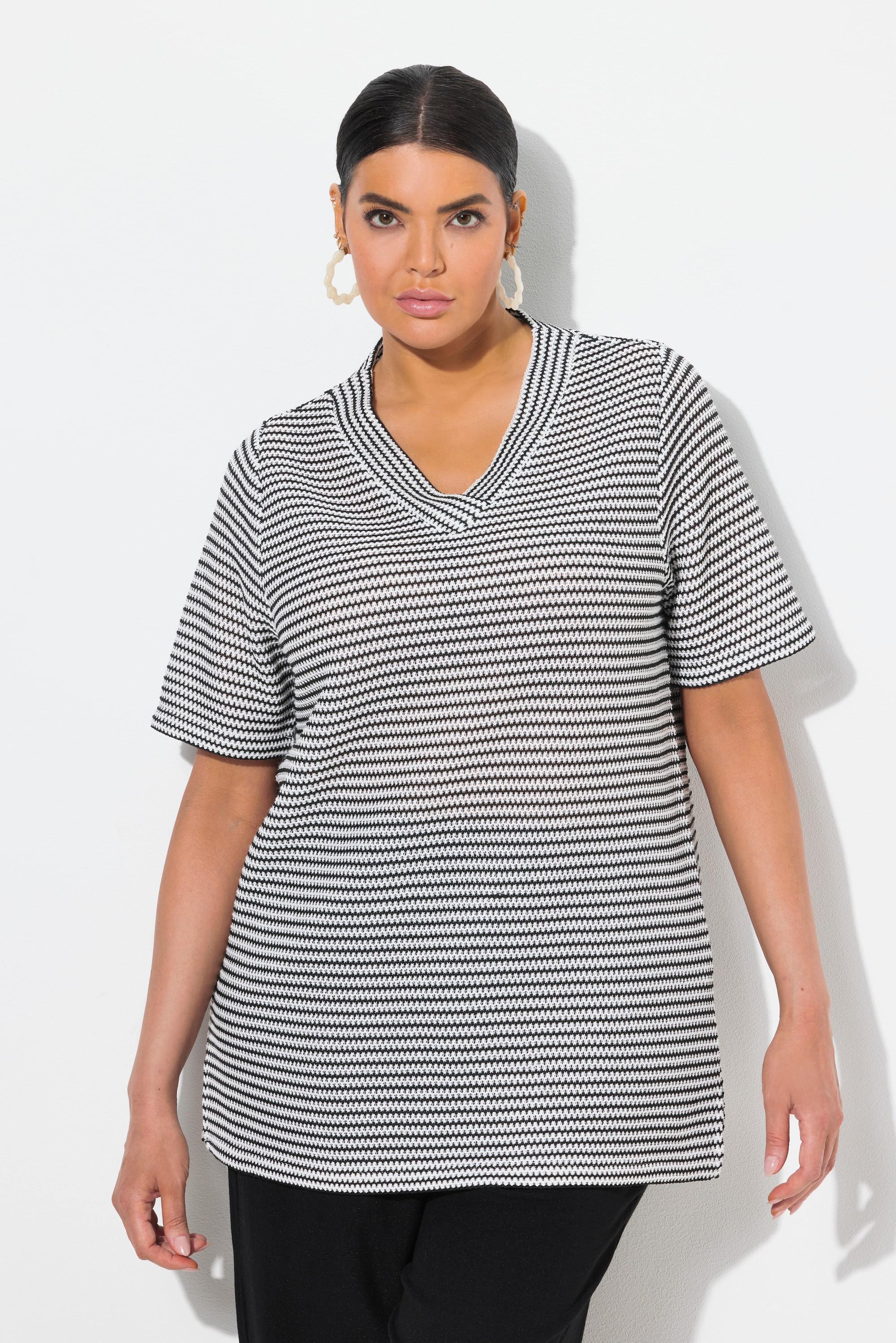 Ulla Popken Sweatshirt, Strukturstreifen, V-Ausschnitt, Halbarm