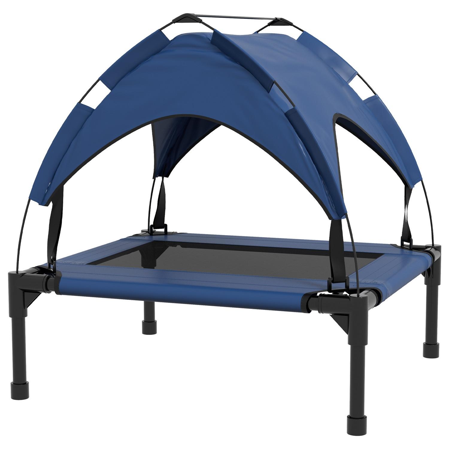 Northio Erhöhtes Hundebett mit Baldachin, Haustierbett, Outdoor Hundeliege mit Dach, Atmungsaktiv, für kleine und mittelgroße Hunde Dunkelblau Oxford 76 x 61 x 69,5 cm