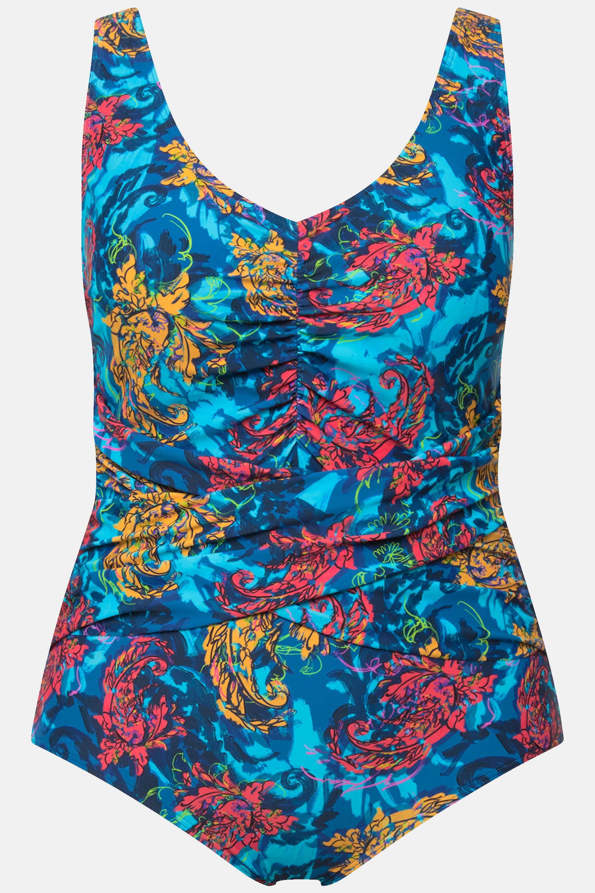 Ulla Popken Badeanzug, Raffung, Softcups, V-Ausschnitt, recycelt