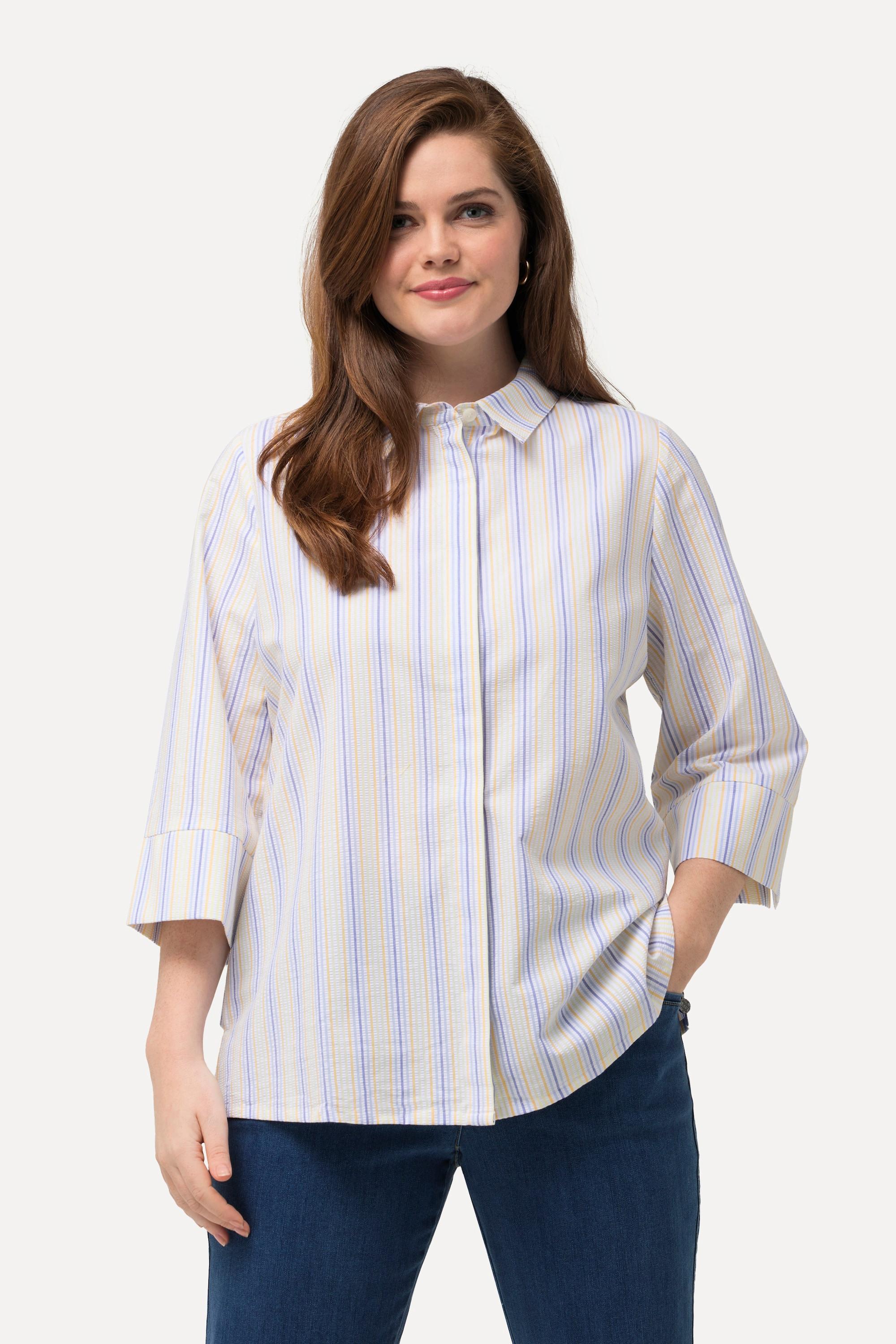 Ulla Popken Bluse Bubble-Strukturstreifen Hemdkragen 3/4-Arm