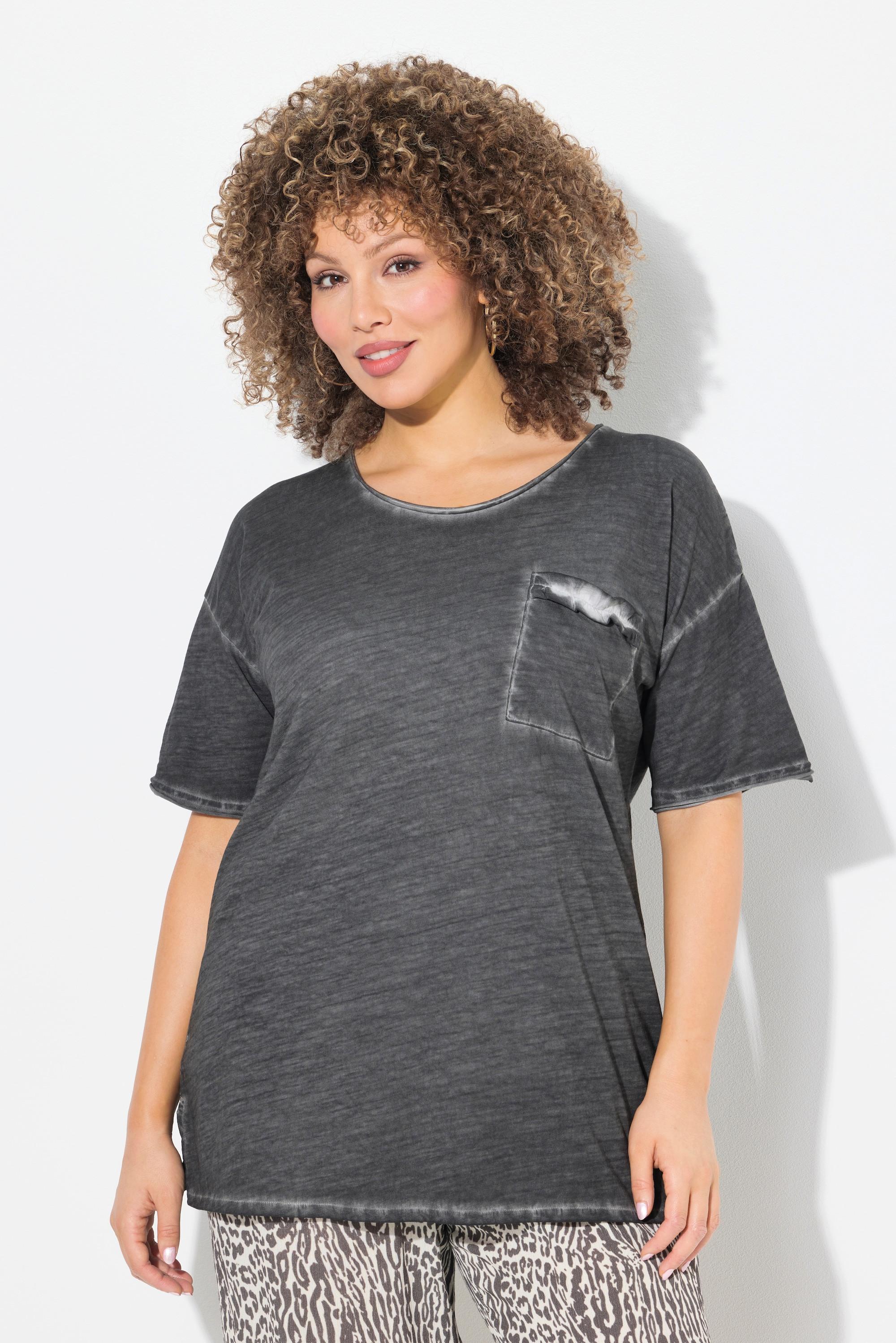 Ulla Popken Oversized Halbarm T-Shirt mit Rüschen-Brusttasche