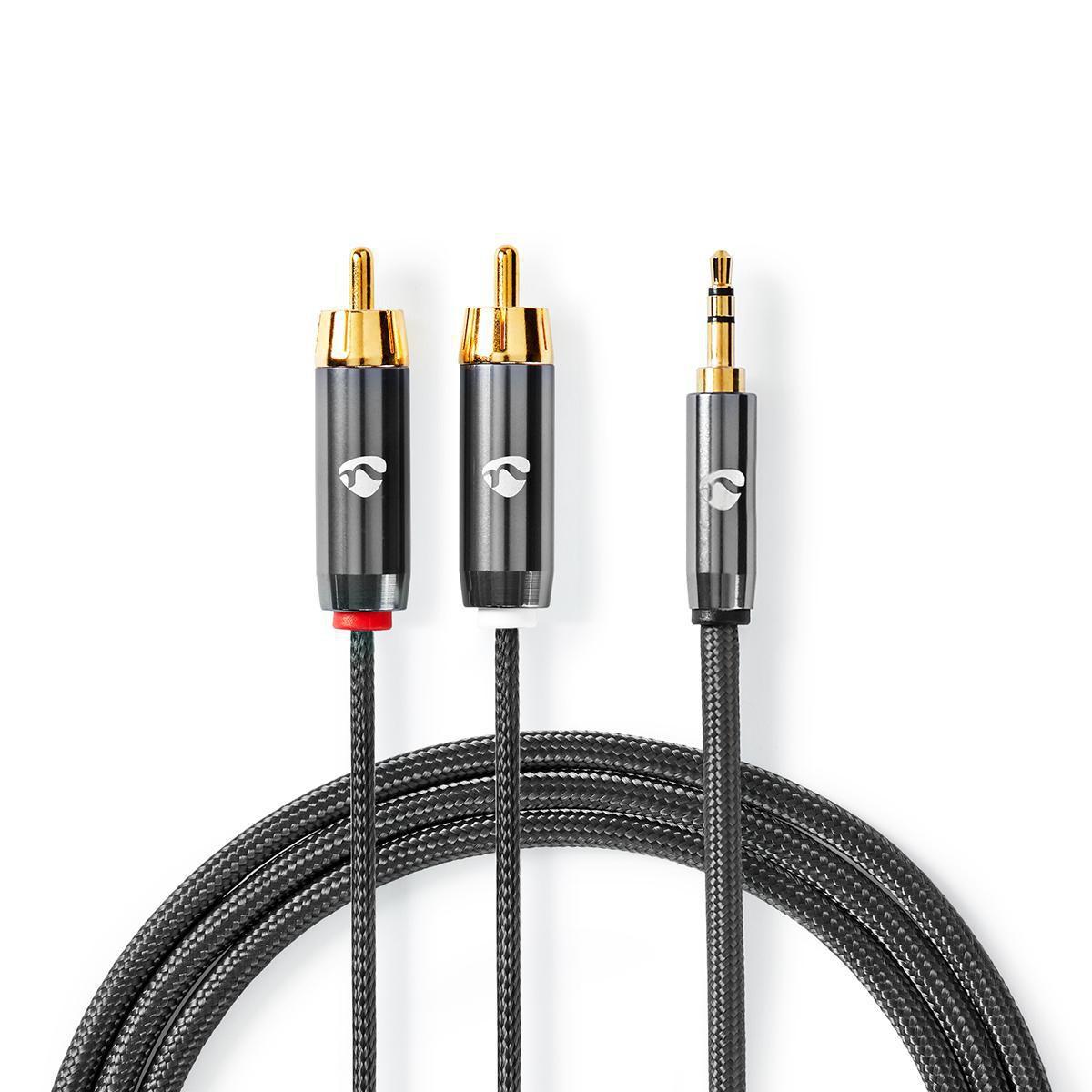 Nedis Stereo-Audiokabel | 3,5 mm Stecker | 2x RCA Stecker | Vergoldet | 5,00 m | Rund | Grau mit Metall | Box mit abgedecktem Fenster
