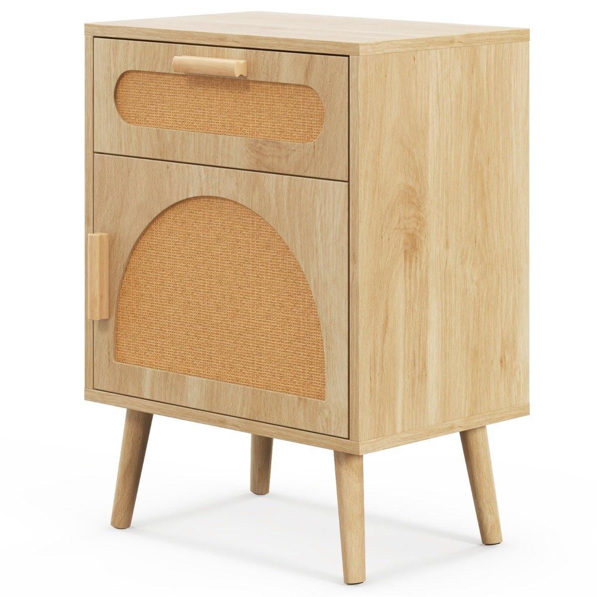 Northix Rattan Nachttisch mit Schublade & Schrank Nachtschrank im Boho-Stil Beistelltisch Sofatisch