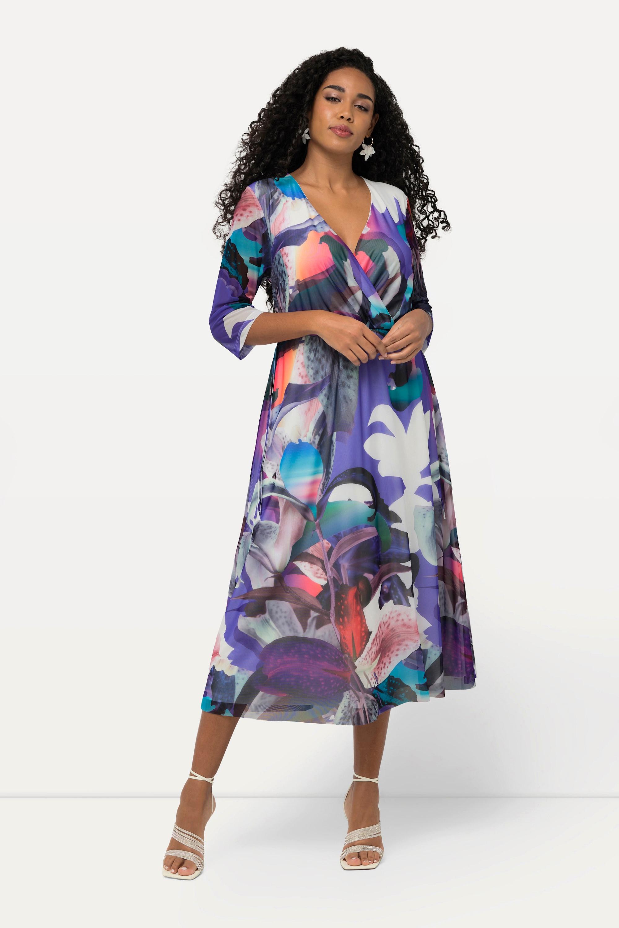 Ulla Popken Meshkleid Blüten Wickeloptik V-Ausschnitt 3/4-Arm