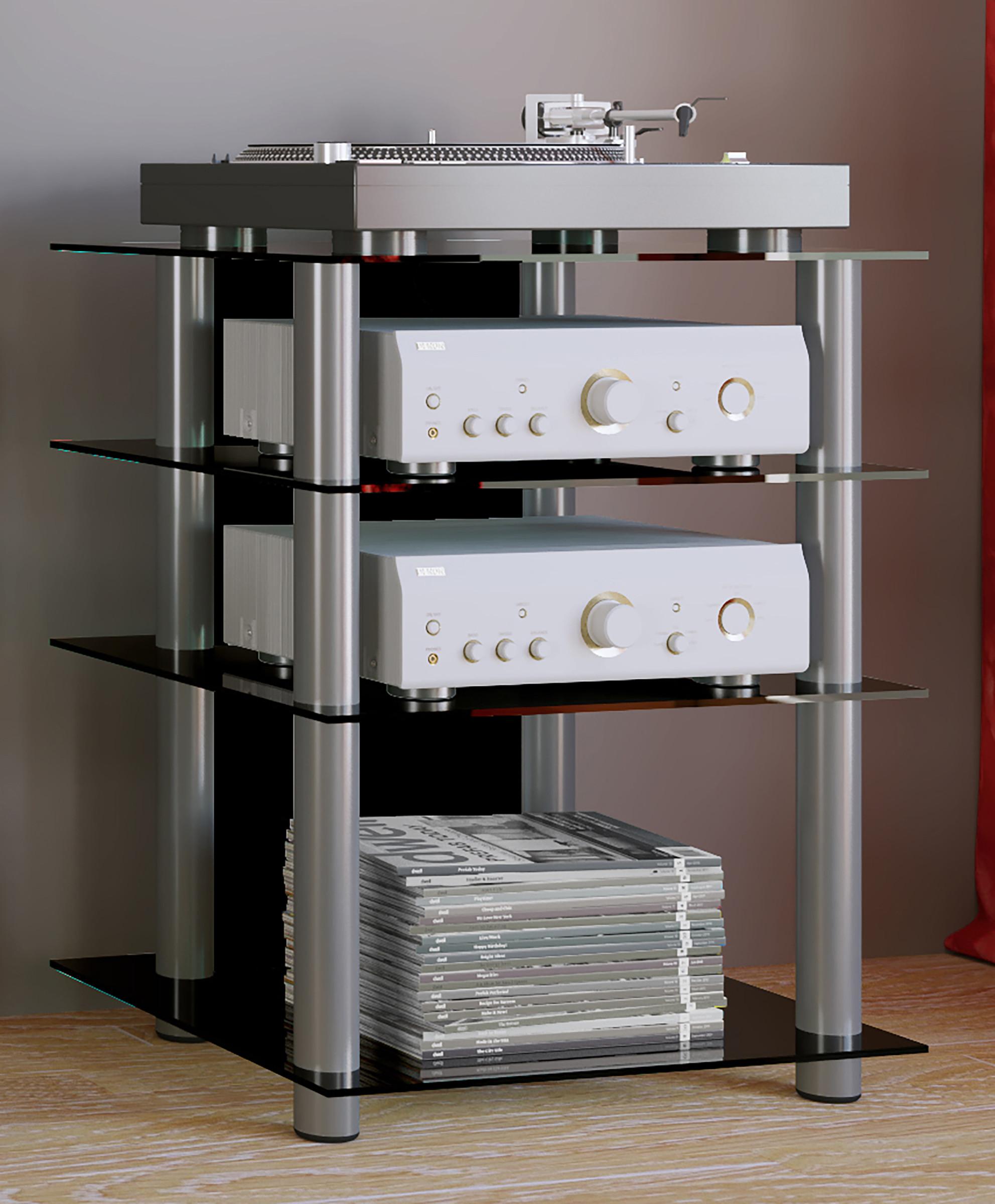 VCM Hifi Möbel | Rack Schrank Phono Regal | Alusäulen | ESG-Glasböden | Maße: H. 70 x B. 59 x T. 48 cm | Phono Mediaregal - Bilus