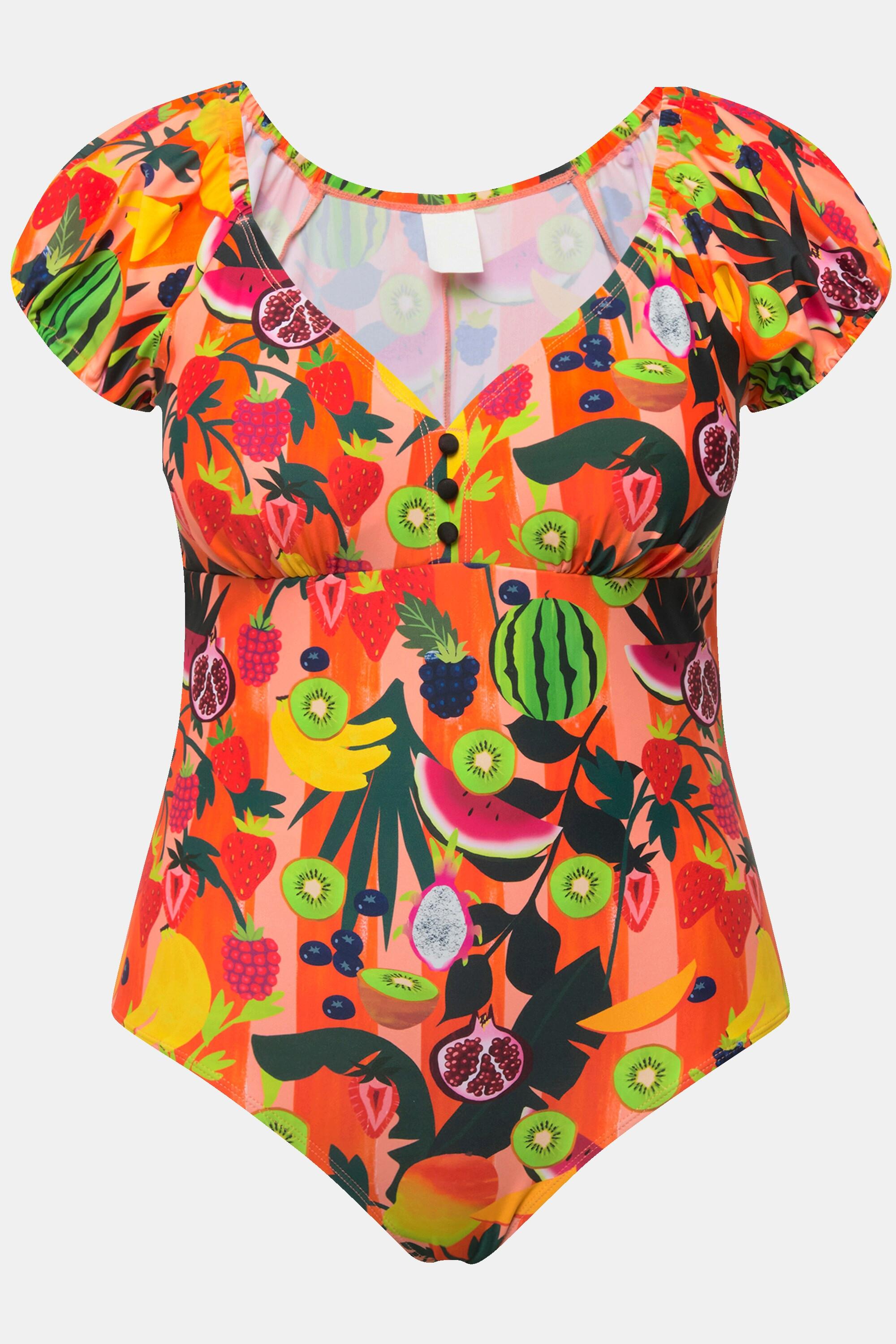 Ulla Popken Badeanzug, Früchte, Softcups, Puff-Halbarm