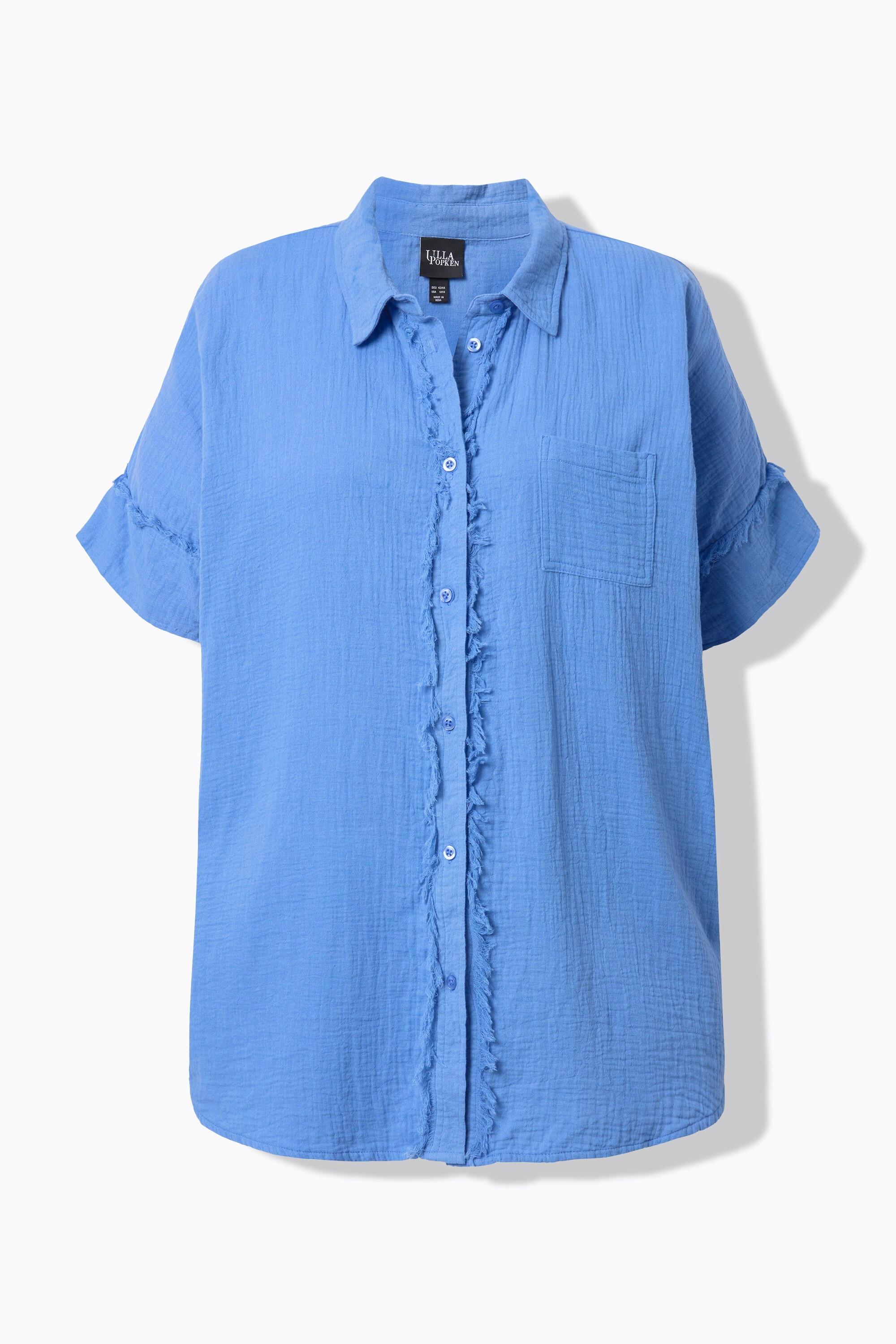 Ulla Popken Musselin-Bluse, Oversized, Fransen, Hemdkragen, Halbarm