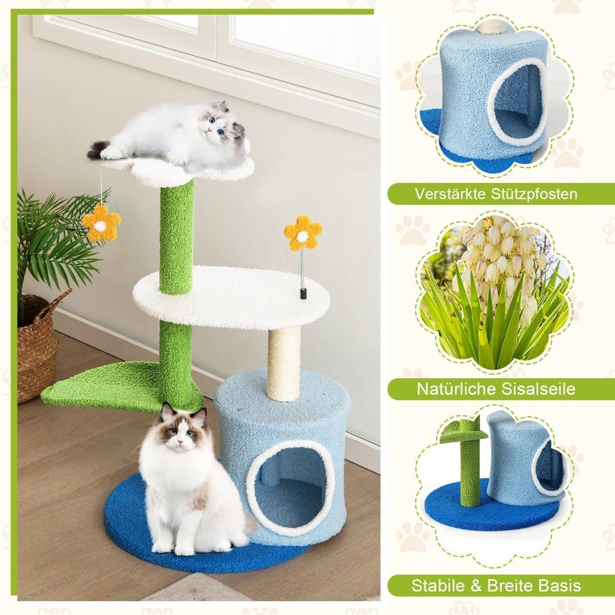 Northix Klein Kratzbaum mit blumenförmiger Sitzfläche & 2 Bällen & blattförmiger Kletterturm Grün+Blau