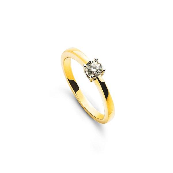 MUAU Schmuck Solitär Ring 4-Griff-Fassung Gelbgold 750, Brillanten 0.15ct. Fassung Weissgold 750