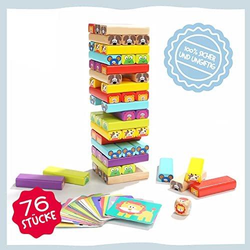 Activity-board Pädagogisches Kinderspiel ab 3 Jahre - Wackelturm 4 in 1 aus Holz mit Farben und Tieren