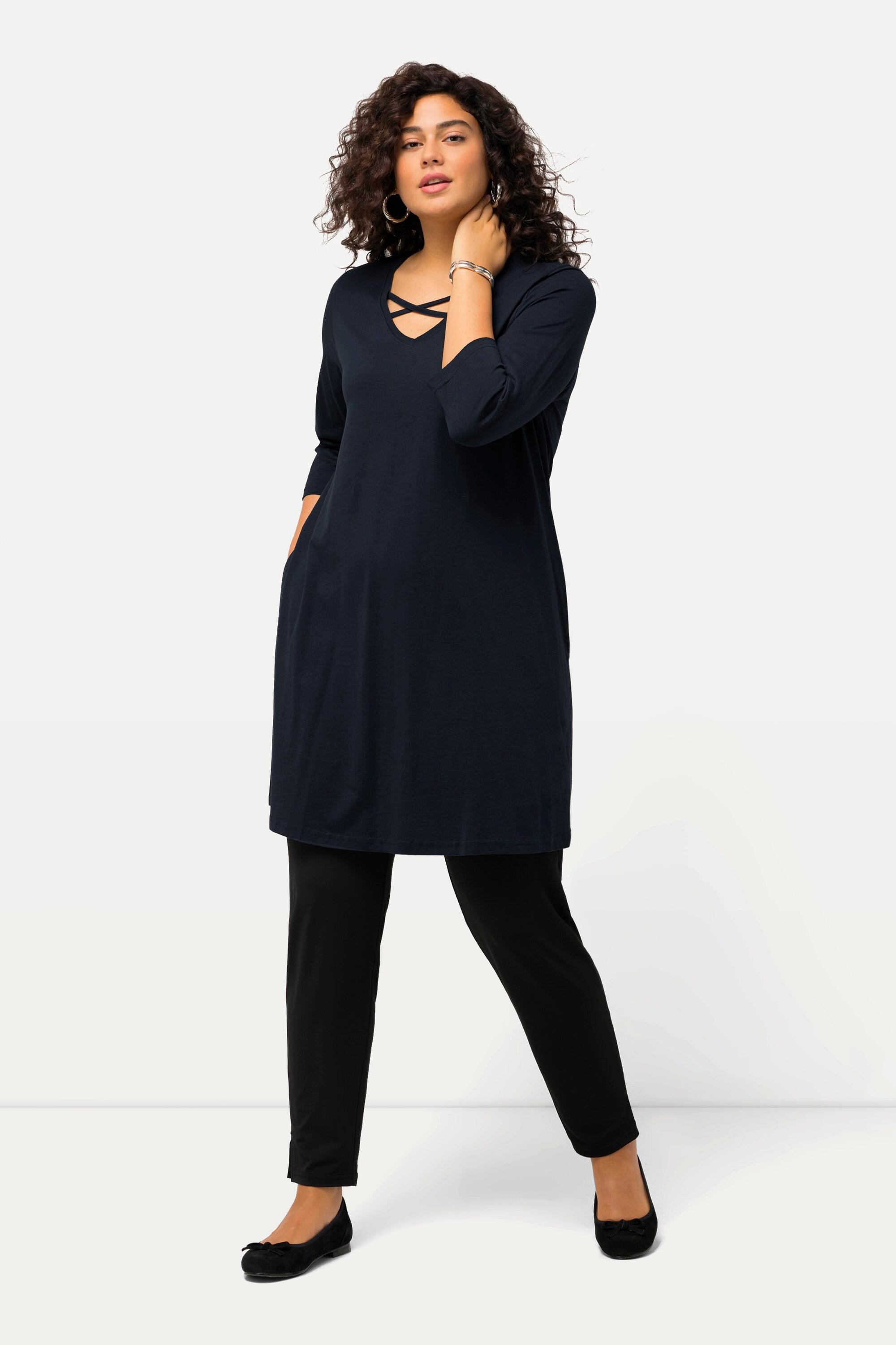 Ulla Popken Longshirt Zierbänder A-Linie V-Ausschnitt 3/4-Arm