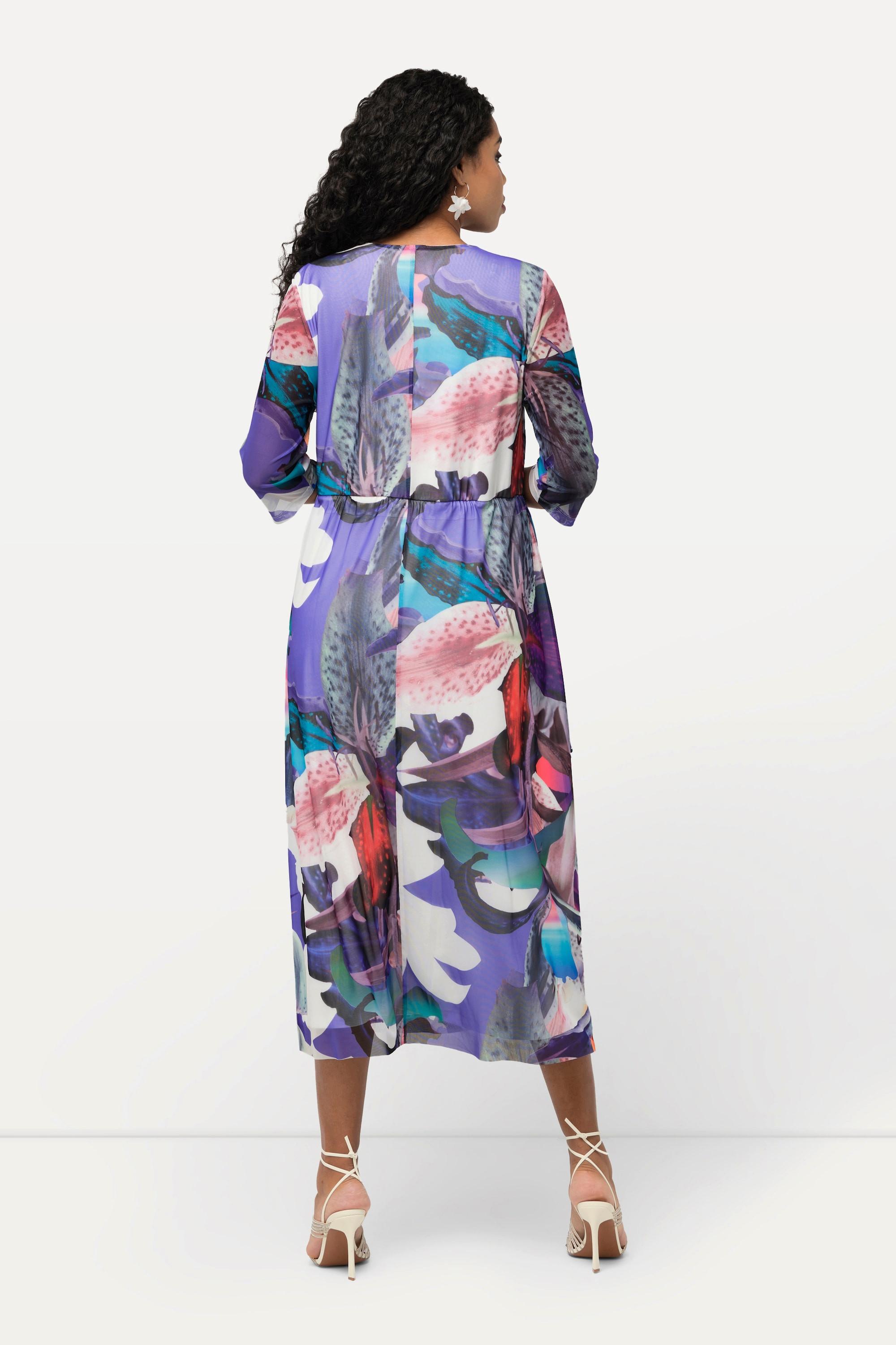 Ulla Popken Meshkleid Blüten Wickeloptik V-Ausschnitt 3/4-Arm