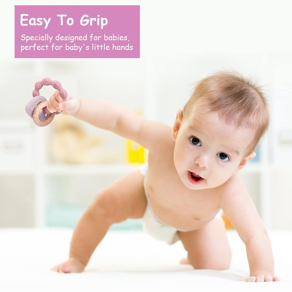 Activity-board Beißring für Babys, Beißring-Spielzeug aus Silikon und Holzringen, Baby-Beißhilfe BPA-frei, schmerzlinderndes Beißzubehör