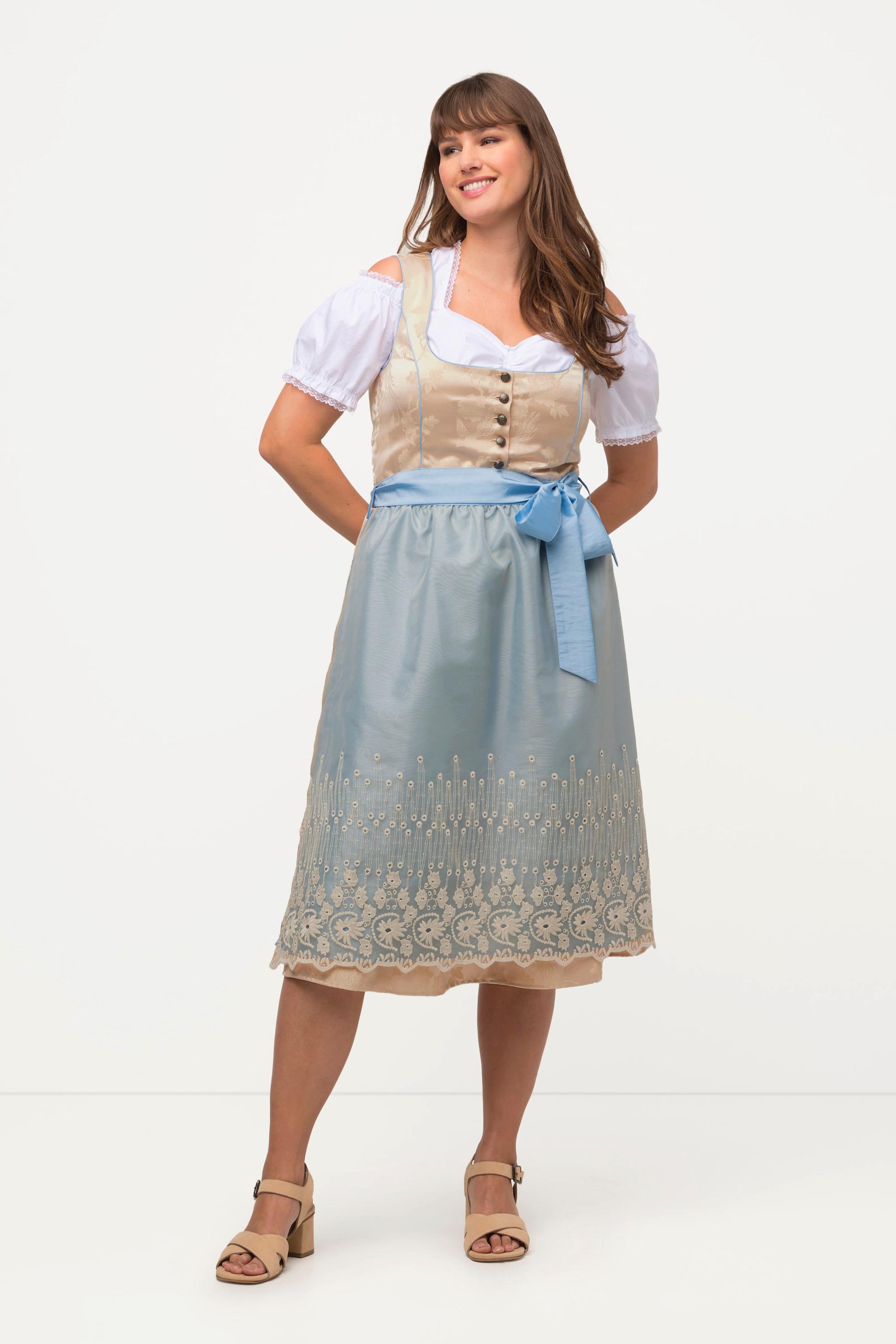 Ulla Popken Dirndl Goldbrokat Stickerei Carree-Ausschnitt ärmellos