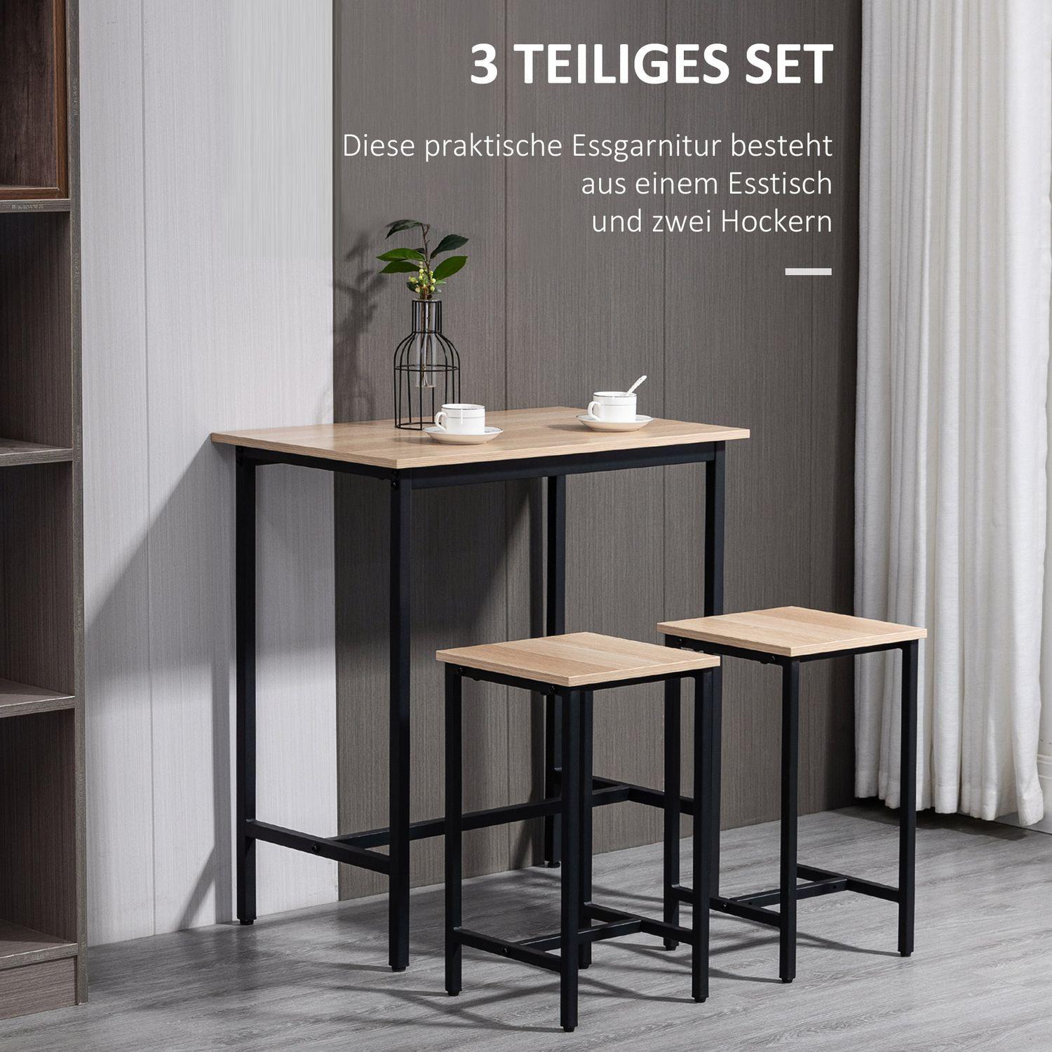 Northio 3-Teilige Essgruppe Esstisch Set Für Balkon & Garten, Spanplatte & Stahlrahmen, Naturholz-Look & Schwarz, 80X50X85Cm