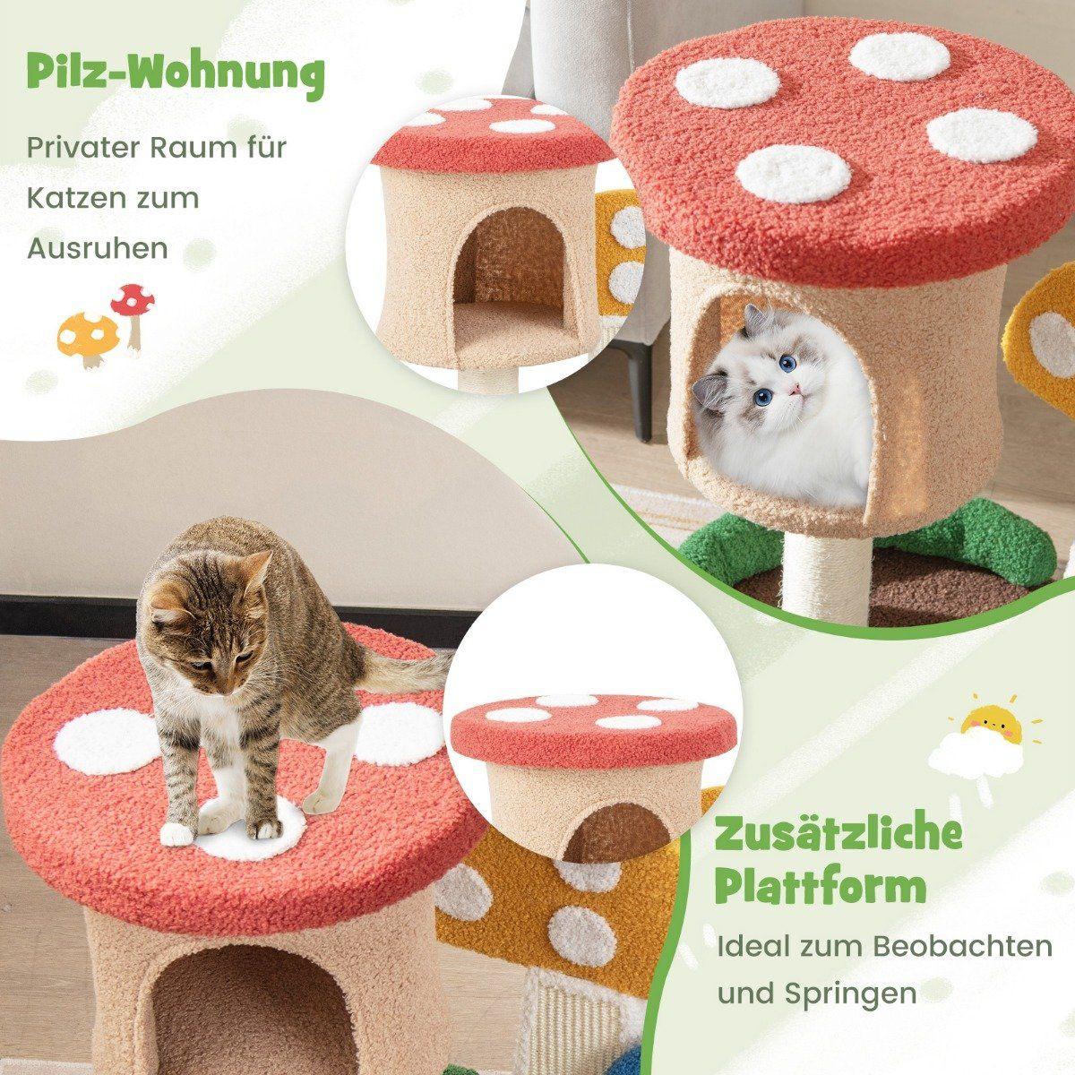 Northix Kratzbaum in Pilzoptik Katzenbaum mit Katzenhöhle & Sisal-Kratzbrett & große Basis & Spielball 60 x 49 x 59 cm