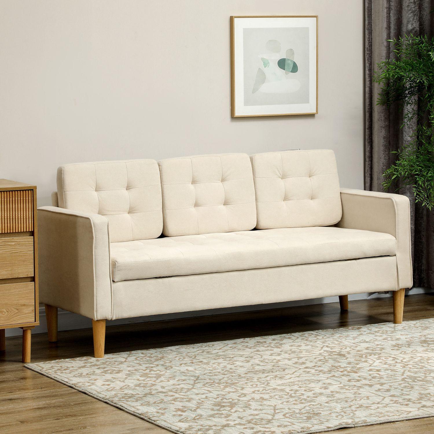 Northio 3 Sitzer Sofa, Couch mit Stauraum, Holzbeine, Gepolsterter Polstersofa mit Samtoptik für Wohnzimmer, Schlafzimmer, 166,5 x 62 x 82 cm, Cremeweiß