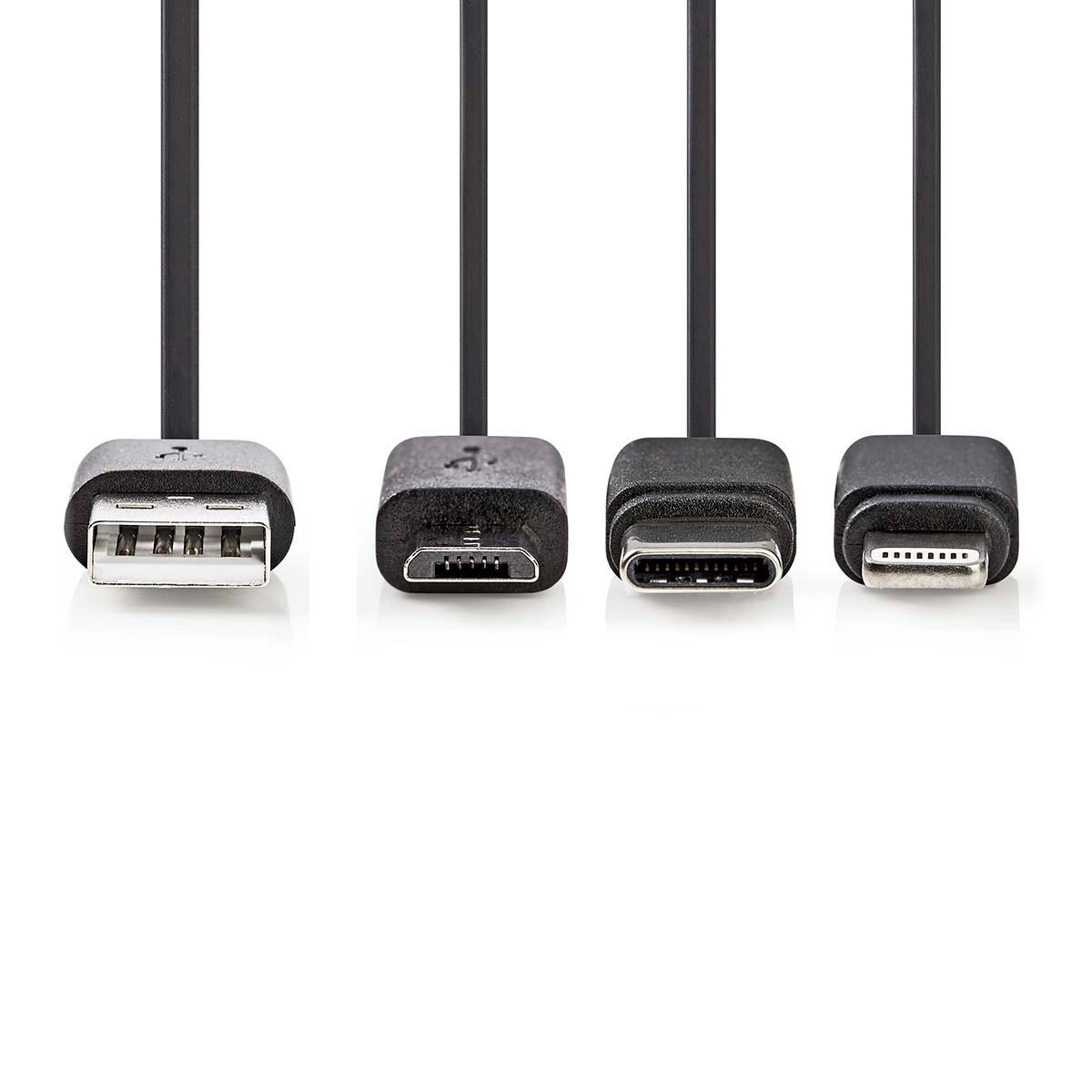 Nedis 3 in 1 Kabel | USB 2.0 | USB-A Stecker | Apple Lightning, 8-polig / USB Micro-B Stecker / USB-C™ Stecker | 480 Mbps | 1,00 m | Vernickelt | Rund | PVC | Schwarz | Etikett