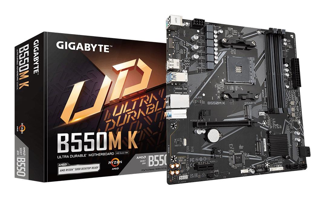 Gigabyte B550M K Mainboard – AMD Ryzen 5000 CPUs, bis zu 4733 MHz DDR4, 1xPCIe 4.0 + 1xPCIe 3.0 M.2, 1GbE LAN, USB 3.2 Gen 1