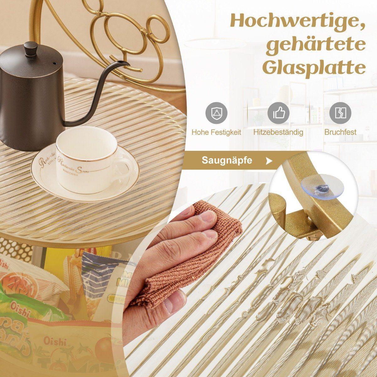 Northio Beistelltisch Glas mit Rollen 2-stufiger Glastisch rund mit Bärenmuster Gold