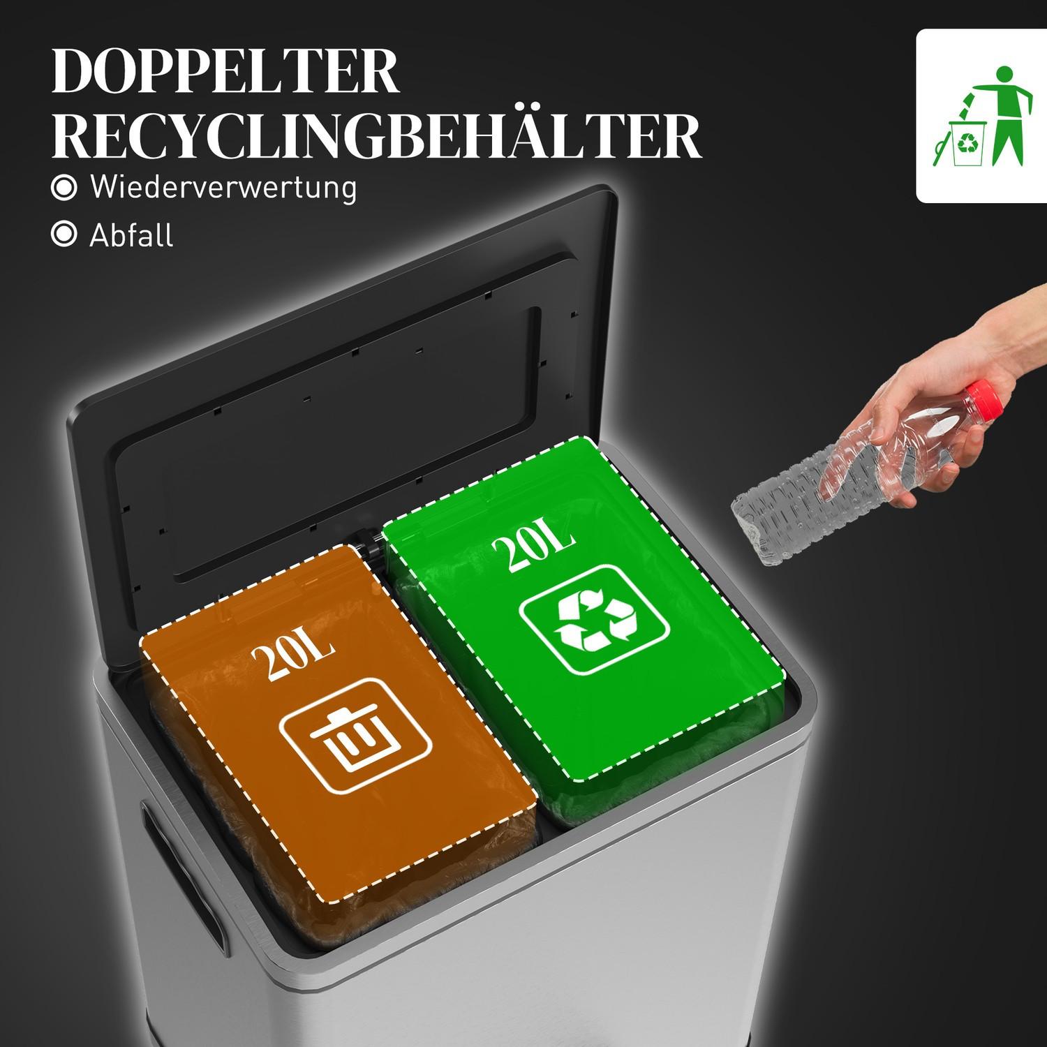 Northio Mülleimer 40L Treteimer Abfalleimer mit Deckel und Fußpedal, Müllbehälter mit 2 Inneneimern, Soft-Close-Funktion für Wohnzimmer, Büro, Edelstahl, Silber, 40 x 34,8 x 59 cm |