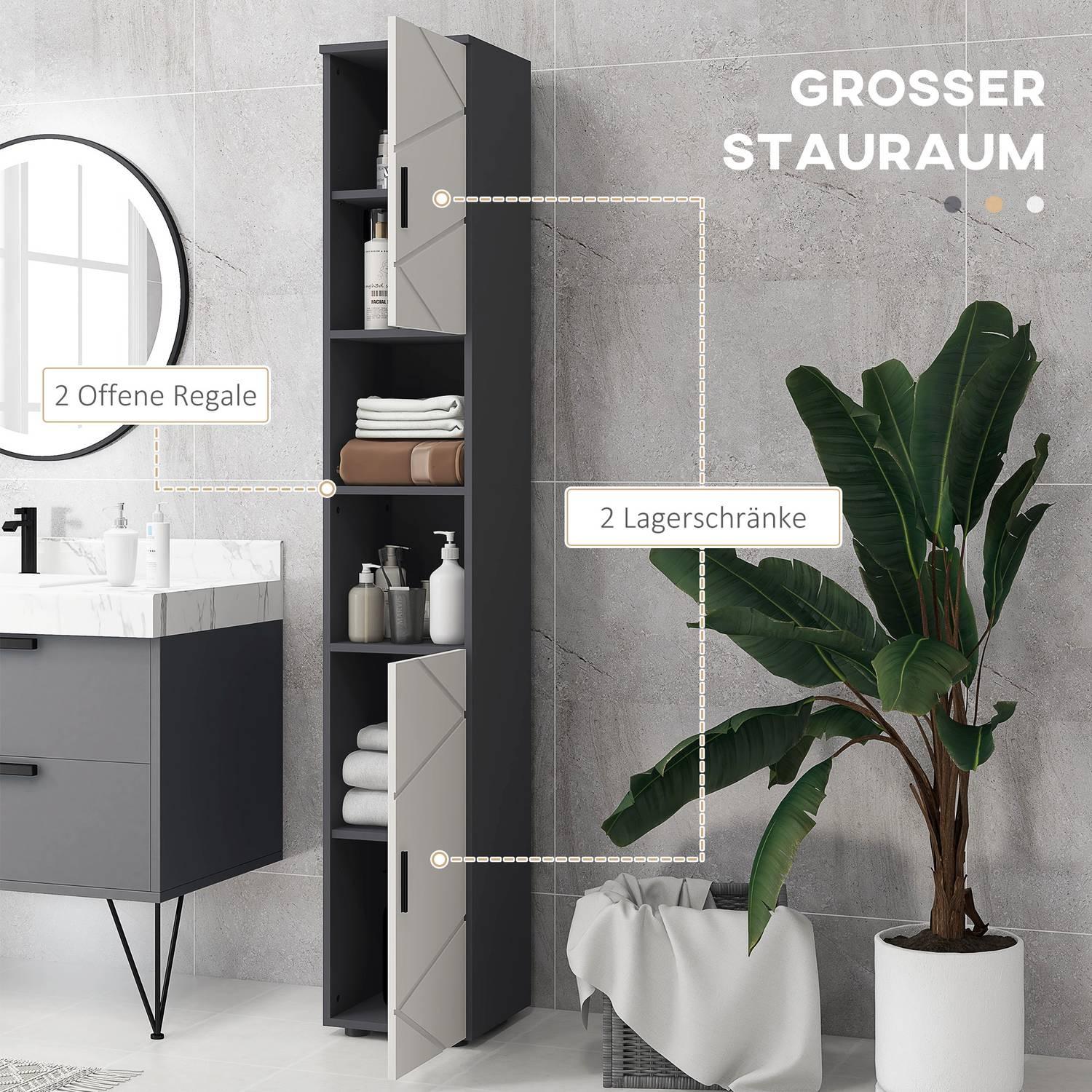 Northio Badezimmerschrank schmal, Hochschrank Toilettenschrank mit Verstellbar Regal und 2 offenen Fächern, Badschrank für kleine Räume Badezimmer, Wohnzimmer Grau |