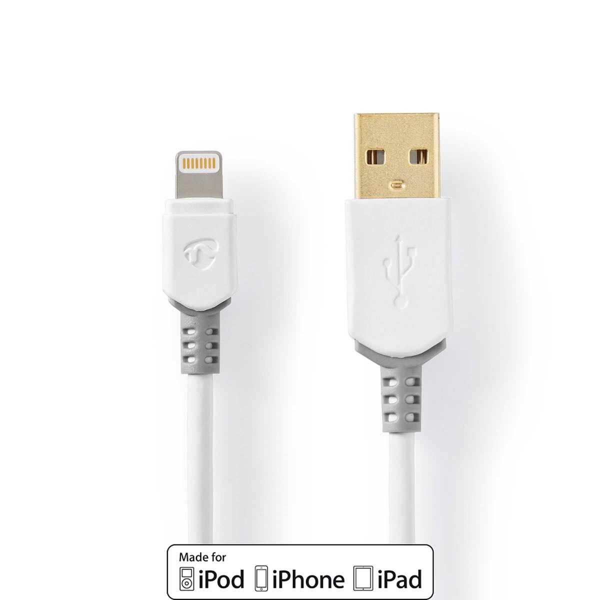 Nedis Lightning Kabel | USB 2.0 | Apple Lightning, 8-polig | USB-A Stecker | 480 Mbps | Vergoldet | 3,00 m | Rund | PVC | Grau / Weiß | Box