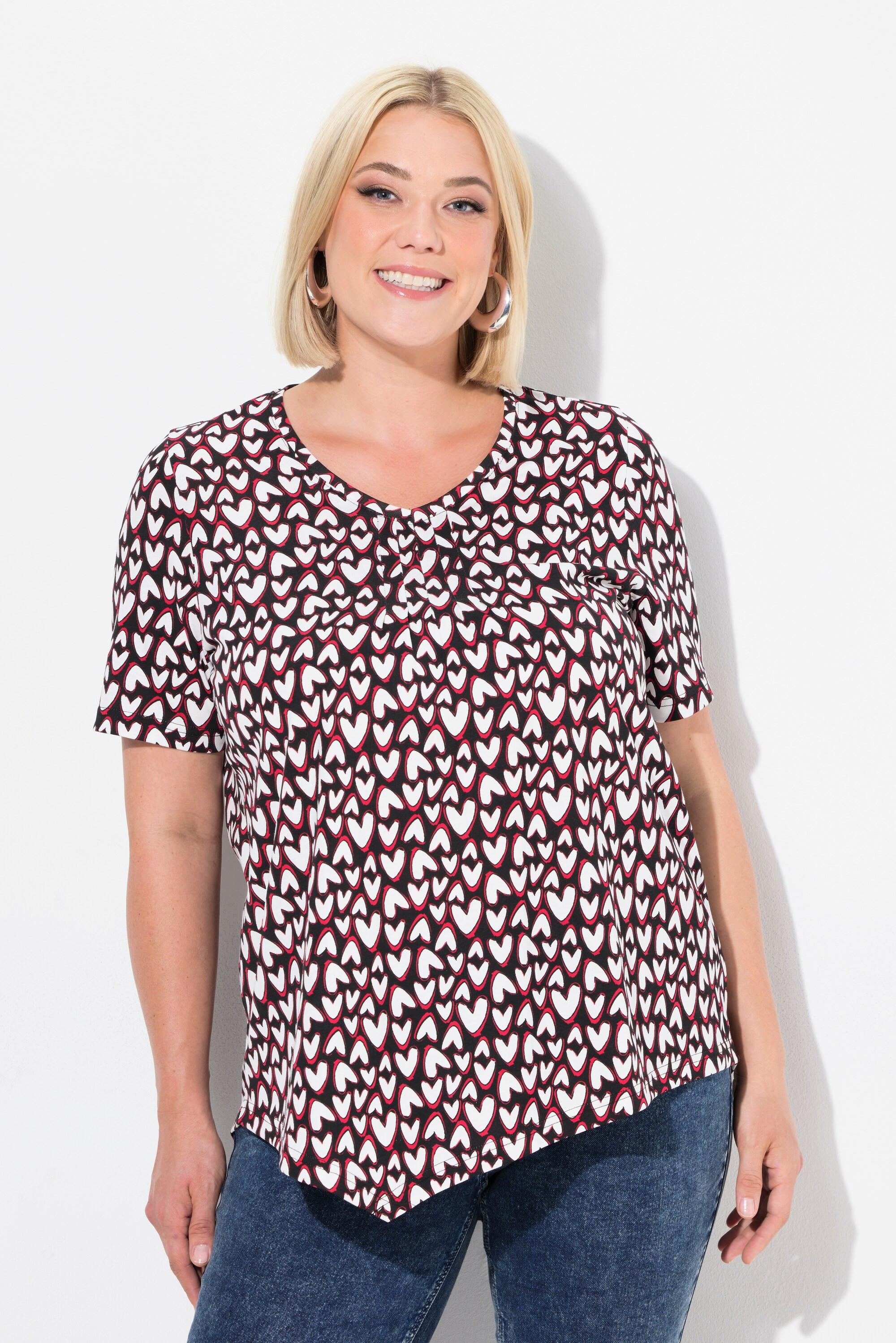 Ulla Popken T-Shirt Herzen Zipfelsaum V-Ausschnitt Halbarm