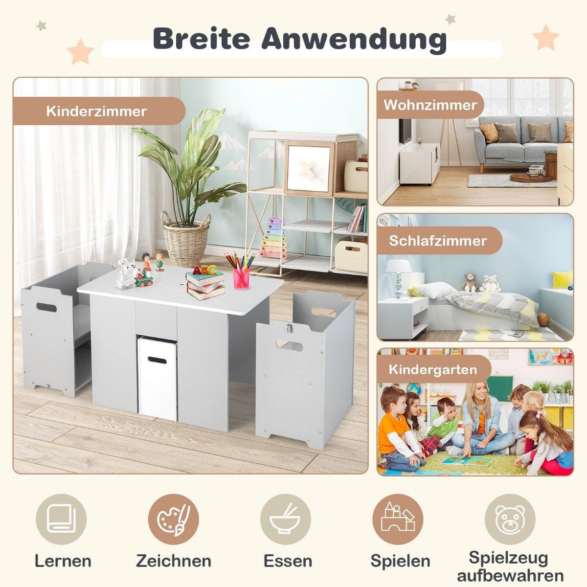 Northix 3-Teiliges Set aus Tisch & Stühlen für Kinder 4-in-1 Aktivitätstisch mit 2 Stapelbaren Stühlen Grau & Weiß