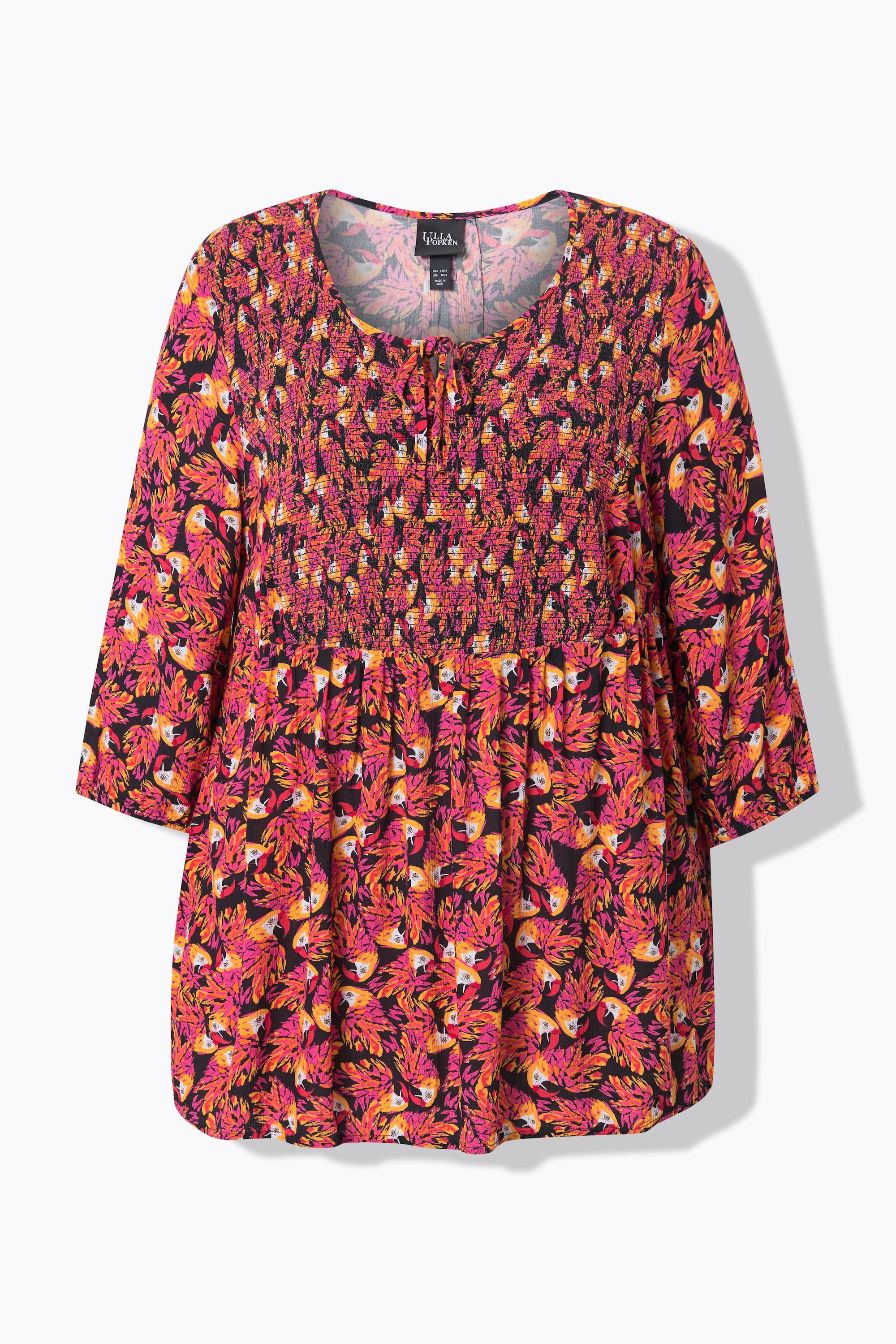 Ulla Popken Smok-Bluse, Patchdruck, A-Linie, Rundhals, 3/4-Arm
