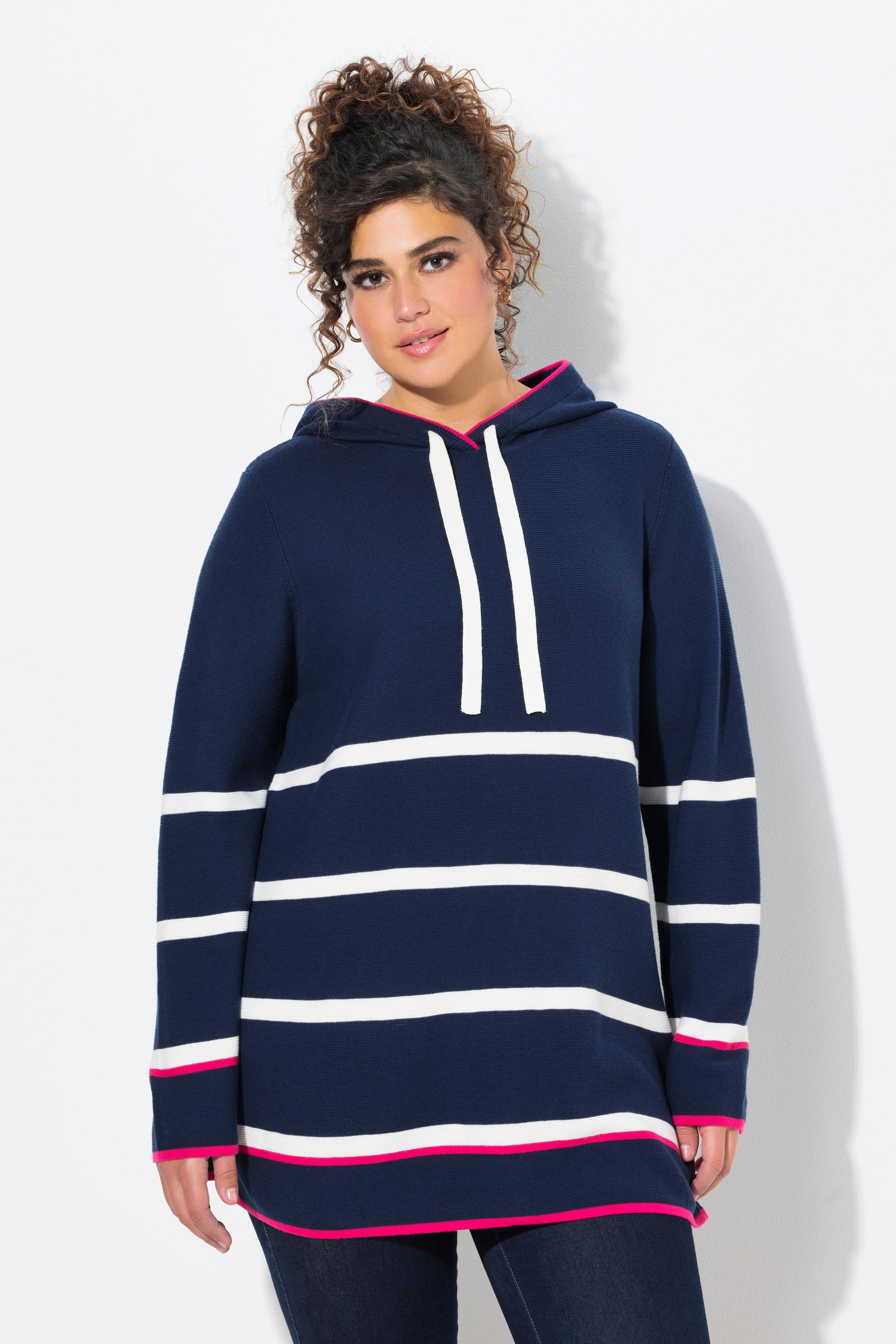 Ulla Popken Pullover, Ringel, Farbakzente, Kapuze, Langarm