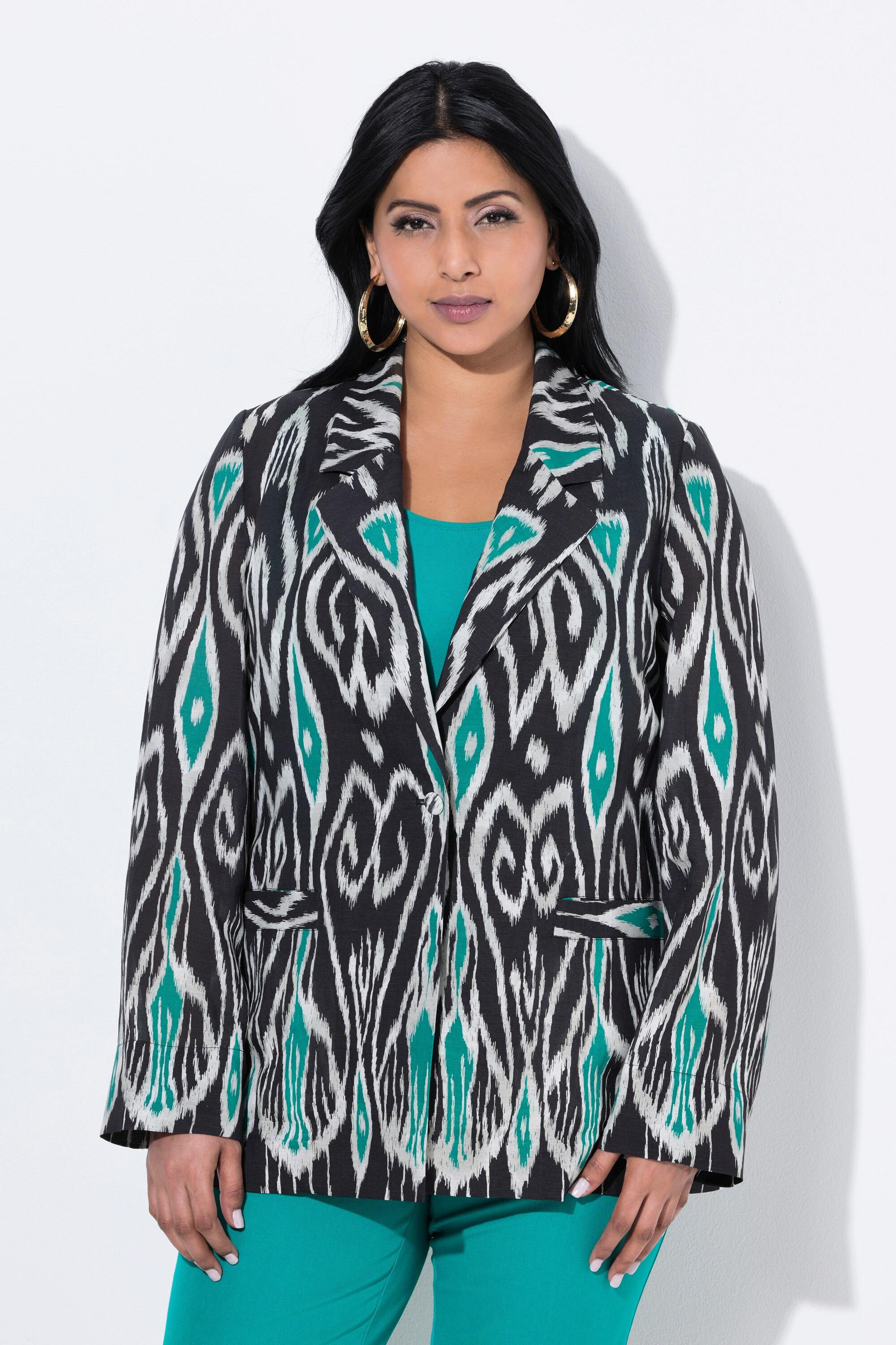Ulla Popken Leinenmix-Blazer, grafischer Druck, Reverskragen