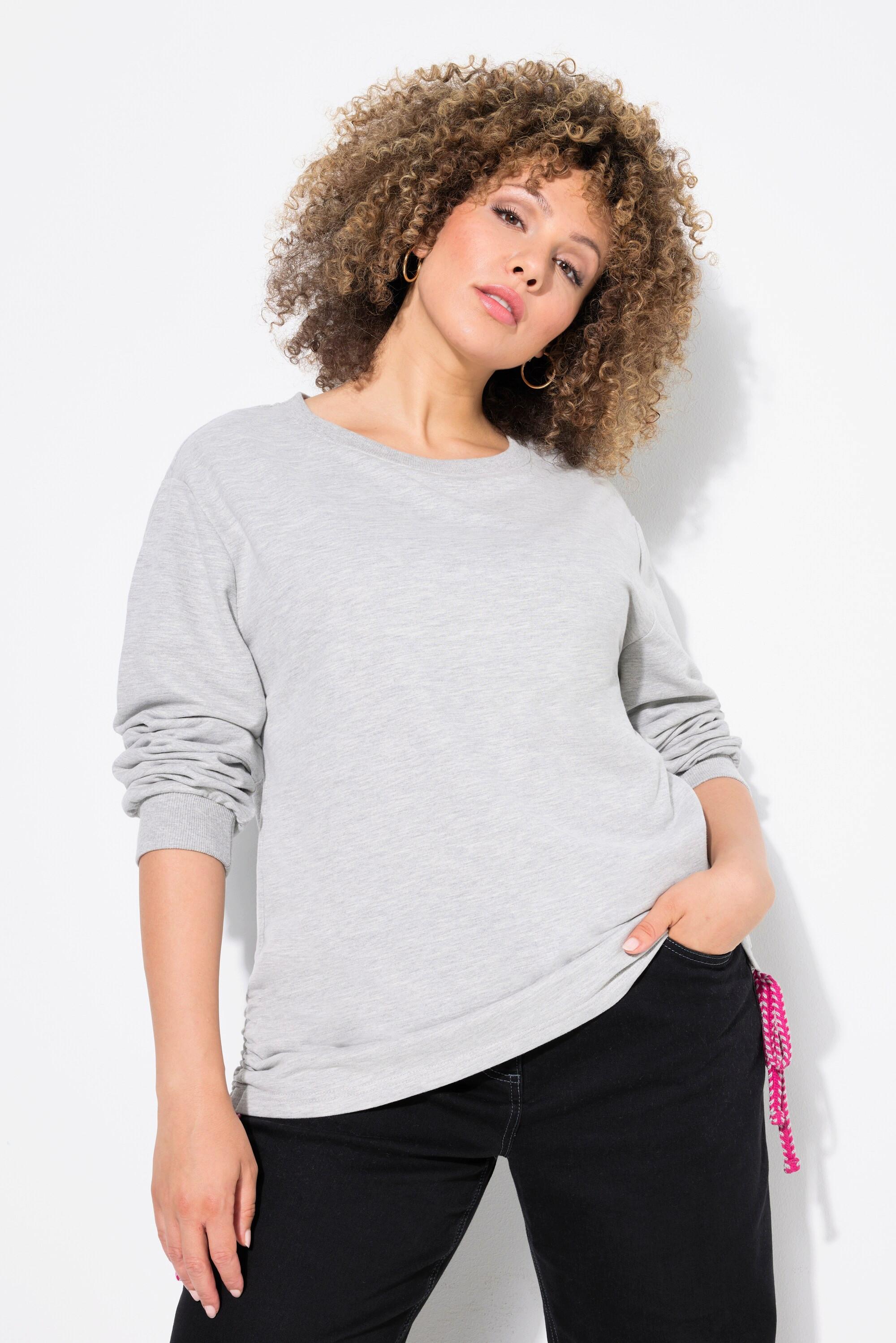 Ulla Popken Sweatshirt, seitliche Raffbänder, Rundhals, Langarm