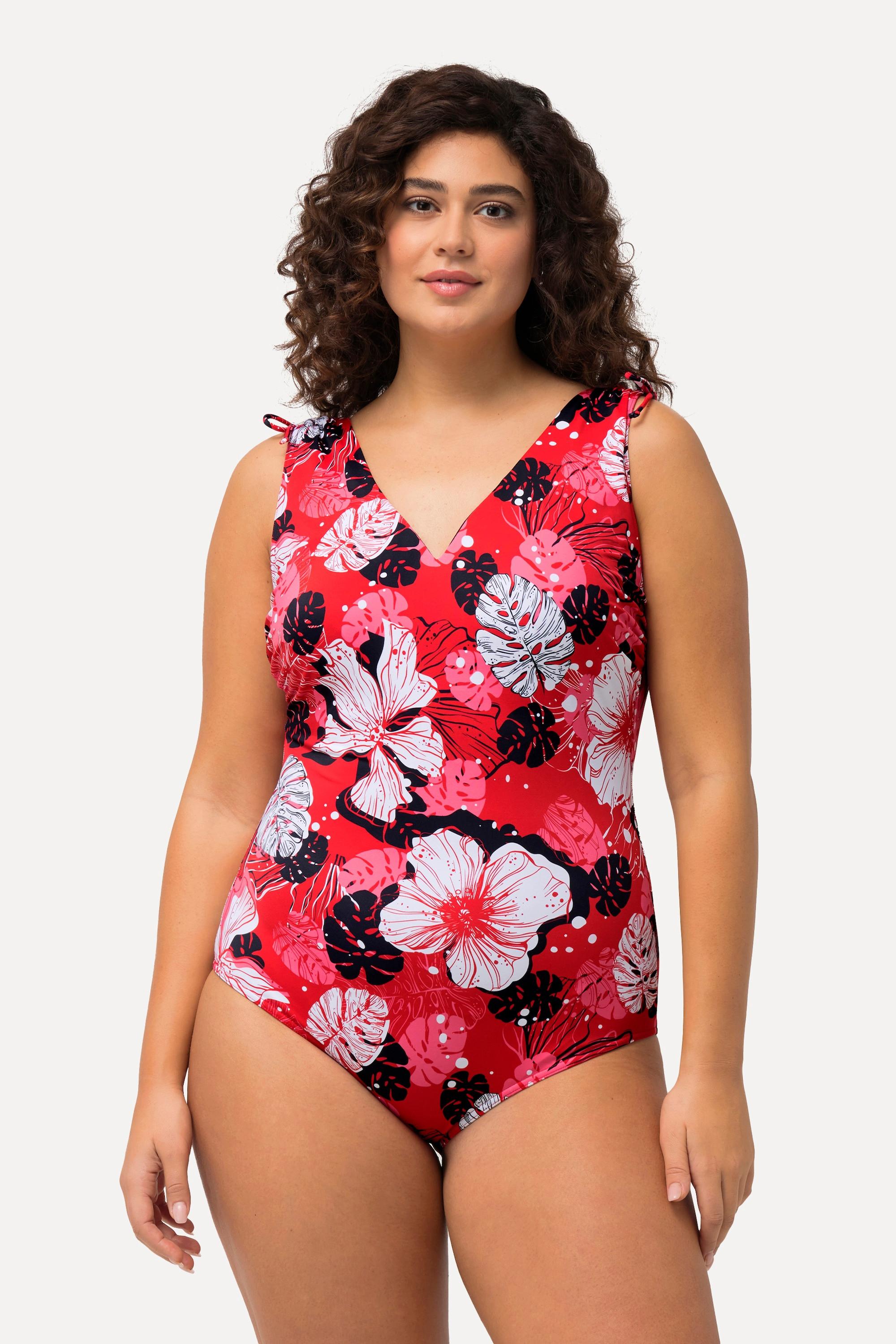 Ulla Popken Badeanzug, Hawaiiblüten, Softcups, V-Ausschnitt