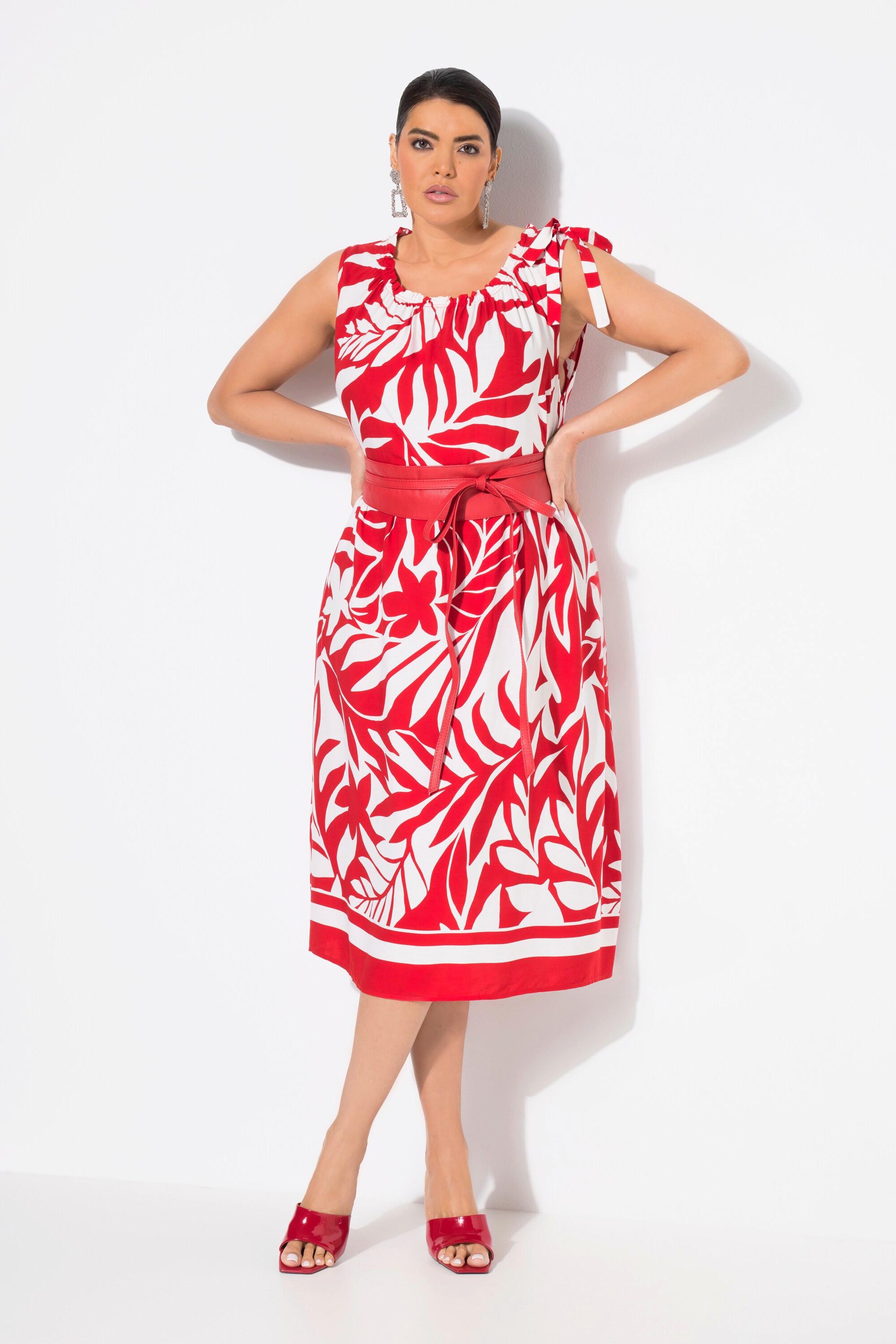 Ulla Popken Midikleid Blätter geraffter Rundhals ärmellos