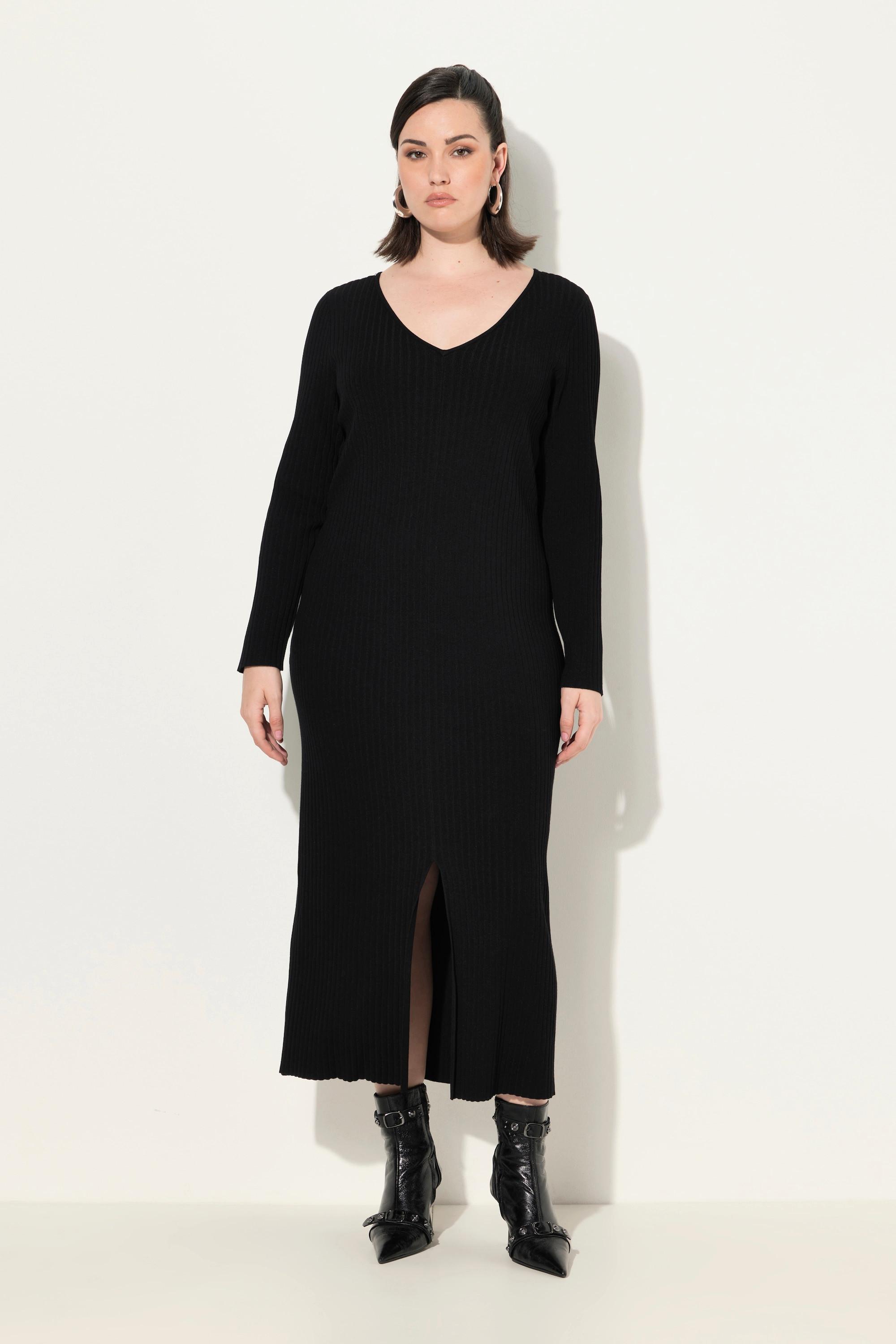 Ulla Popken Maxi Strickkleid Rippstrick Slim Fit V-Ausschnitt Langarm