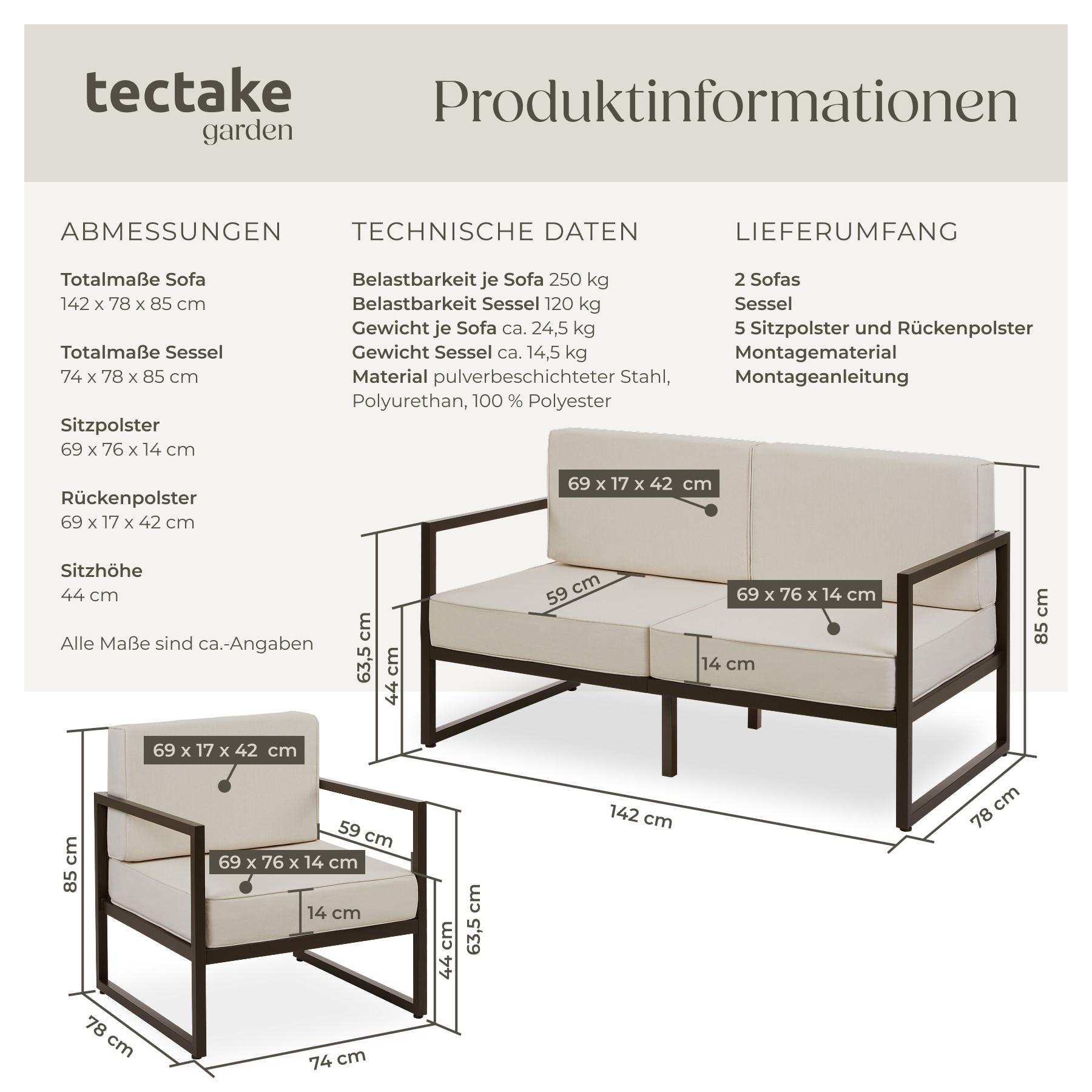Tectake Garten-Loungeset Comosa für 5 Personen, XXL-Polsterung je Sofa 250 kg, Sessel 120 kg Belastbarkeit