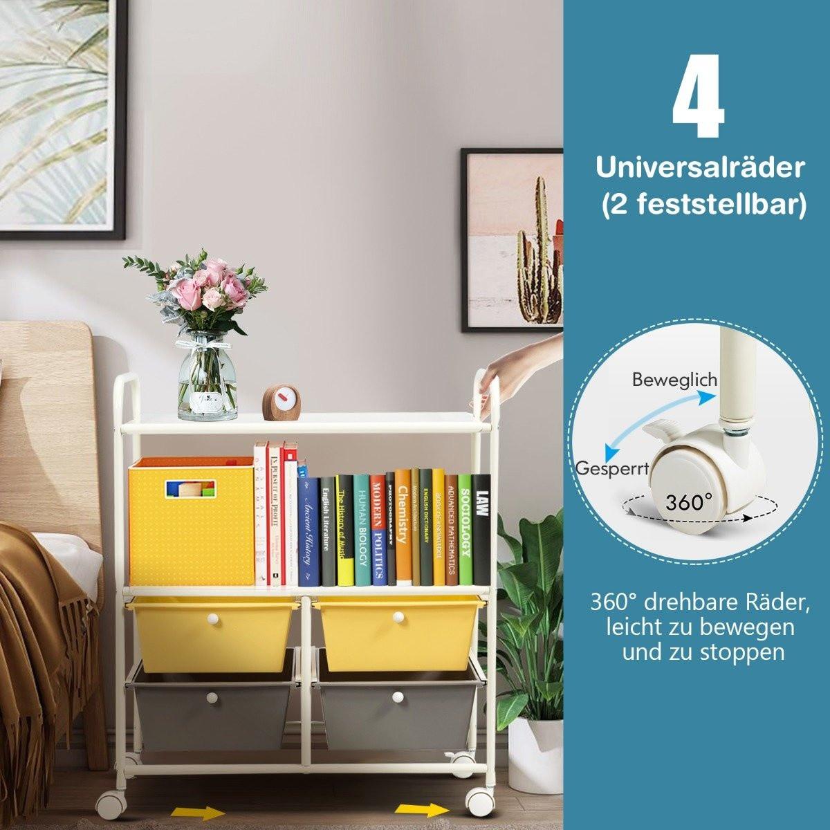 B2X Rollwagen mit 4 stapelbaren Schubladen & Metallgestell & Ablageflächen Rollcontainer Gelb