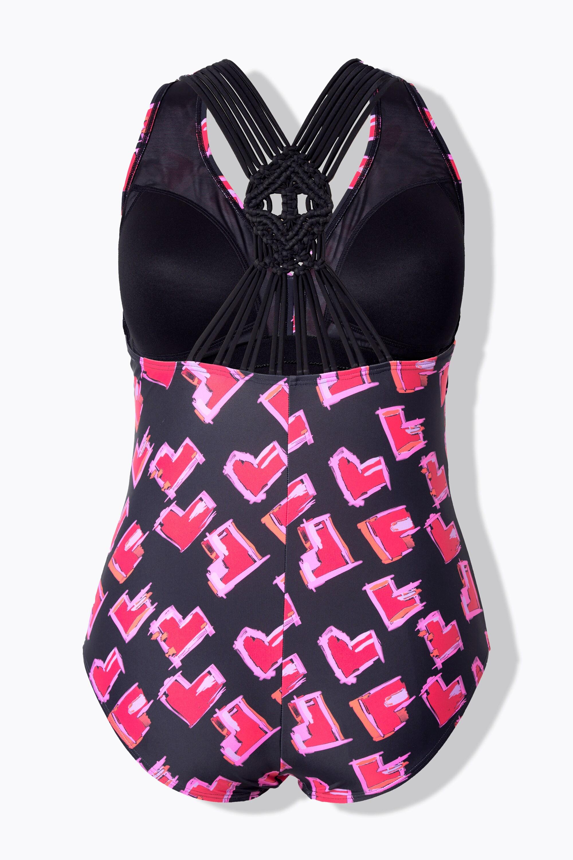 Ulla Popken Badeanzug, Herzen, Makramee-Träger, Softcups, recycelt