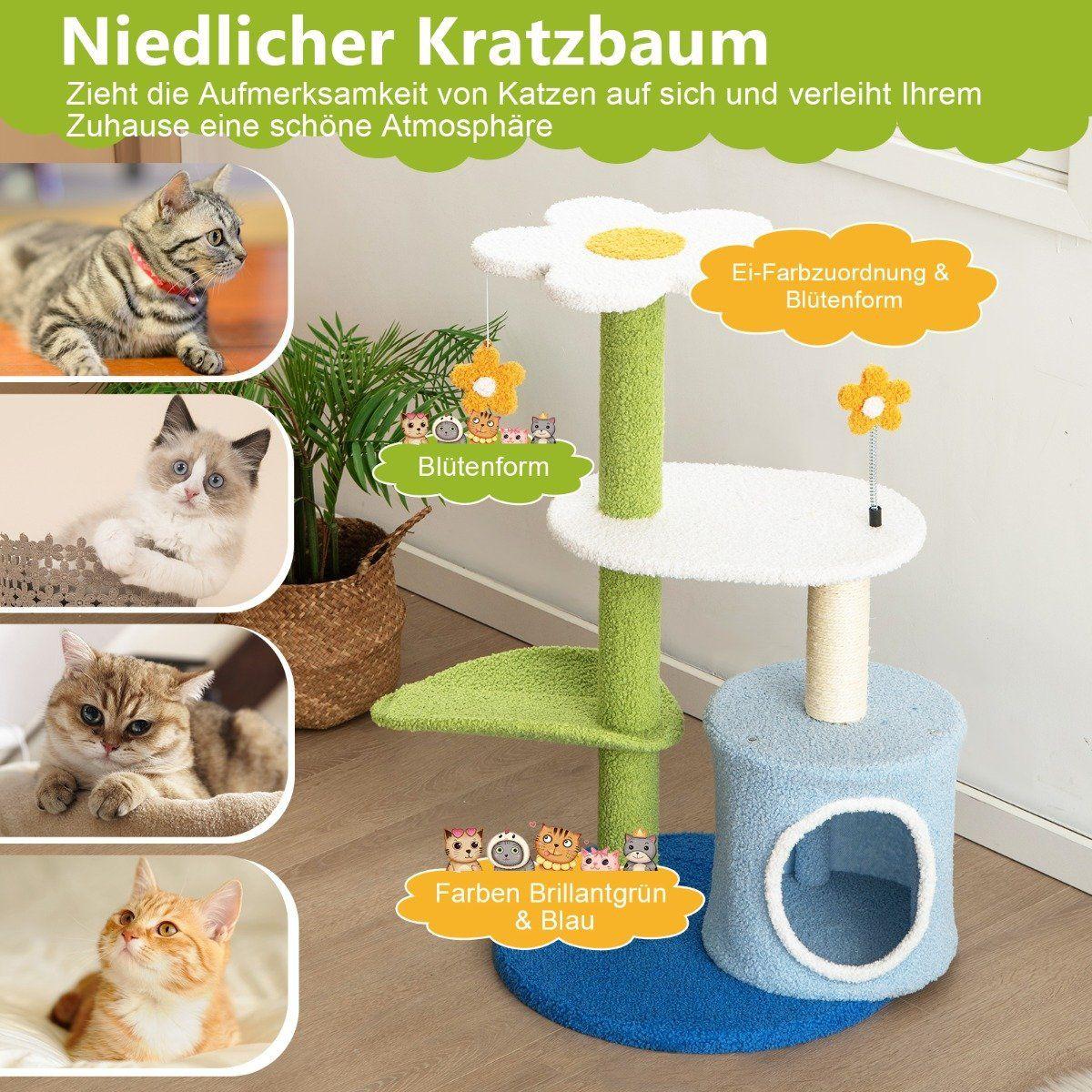 Northix Klein Kratzbaum mit blumenförmiger Sitzfläche & 2 Bällen & blattförmiger Kletterturm Grün+Blau