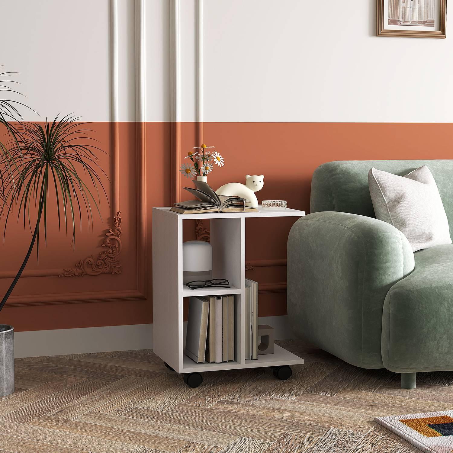 Northio Beistelltisch in C-Form, Couchtisch mit Rollen, Kaffeetisch, Tragbarer Sofatisch, für kleine Bereiche, 45 x 35 x 58 cm, Weiß