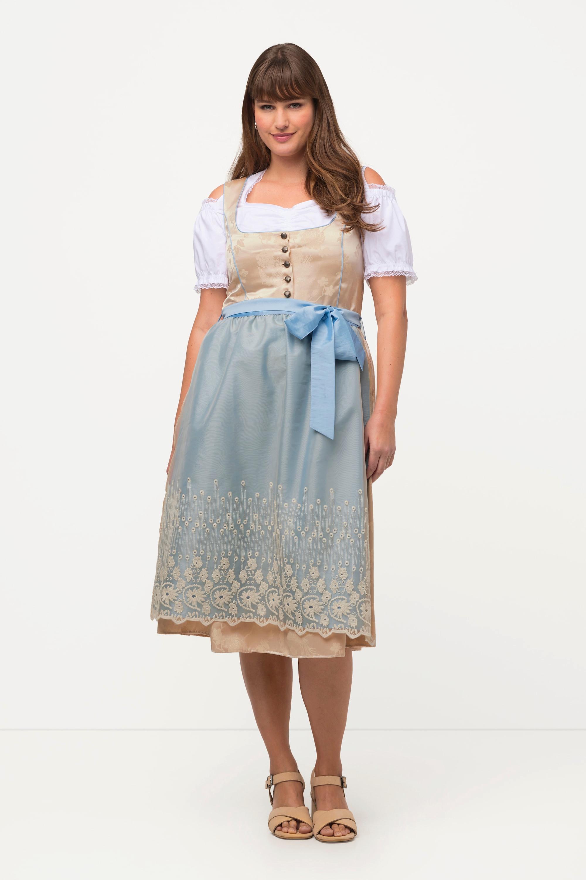 Ulla Popken Dirndl Goldbrokat Stickerei Carree-Ausschnitt ärmellos