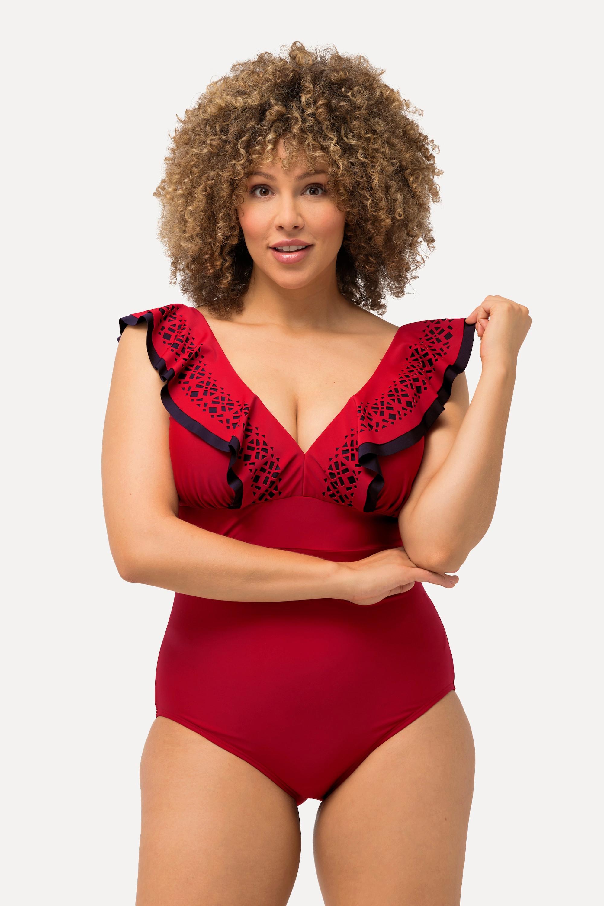 Ulla Popken Badeanzug, Volants, Lasercut, V-Ausschnitt, Softcups