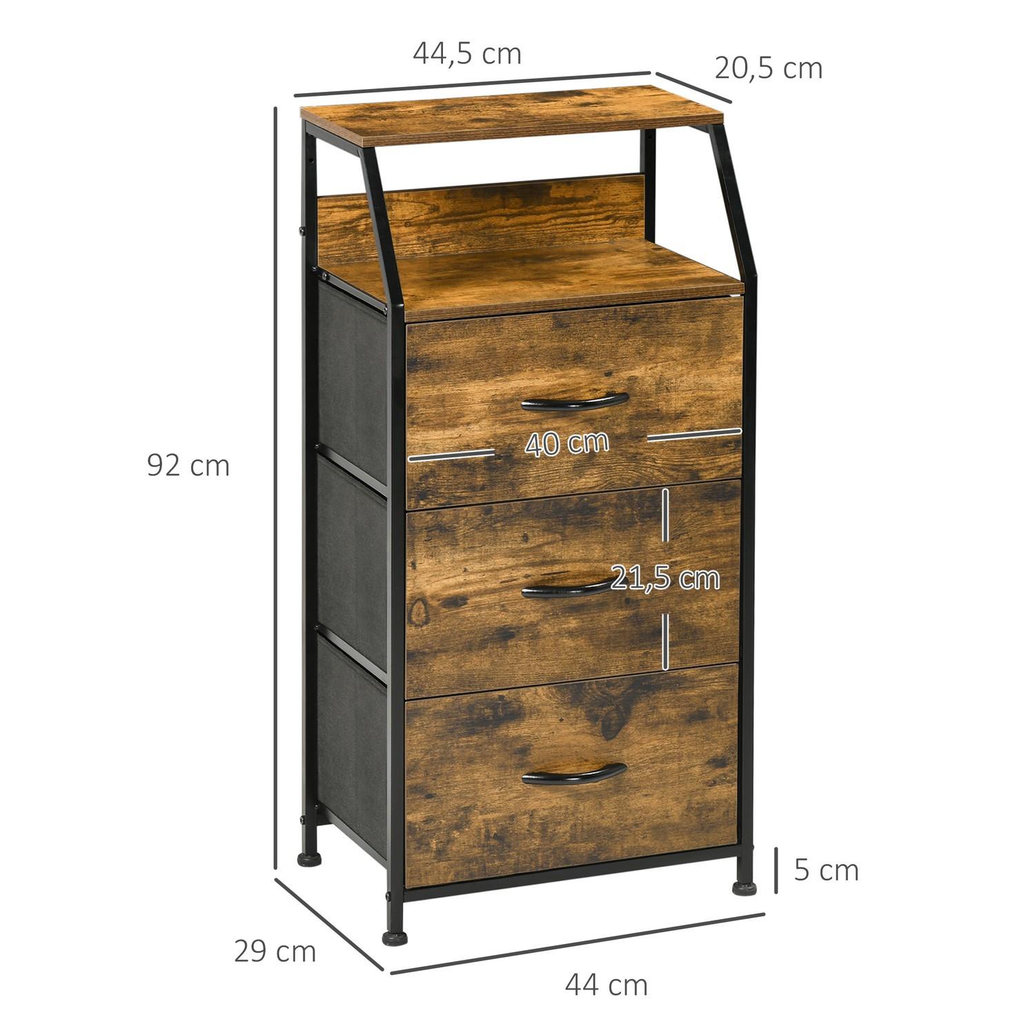 Northio Kommode aus Stoff Aufbewahrungsschrank mit 3 Schubladen, Ablage Kommodenschrank mit Stahlgestell Schrank für Schlafzimmer, Wohnzimmer Rustikal-Braun Aosom