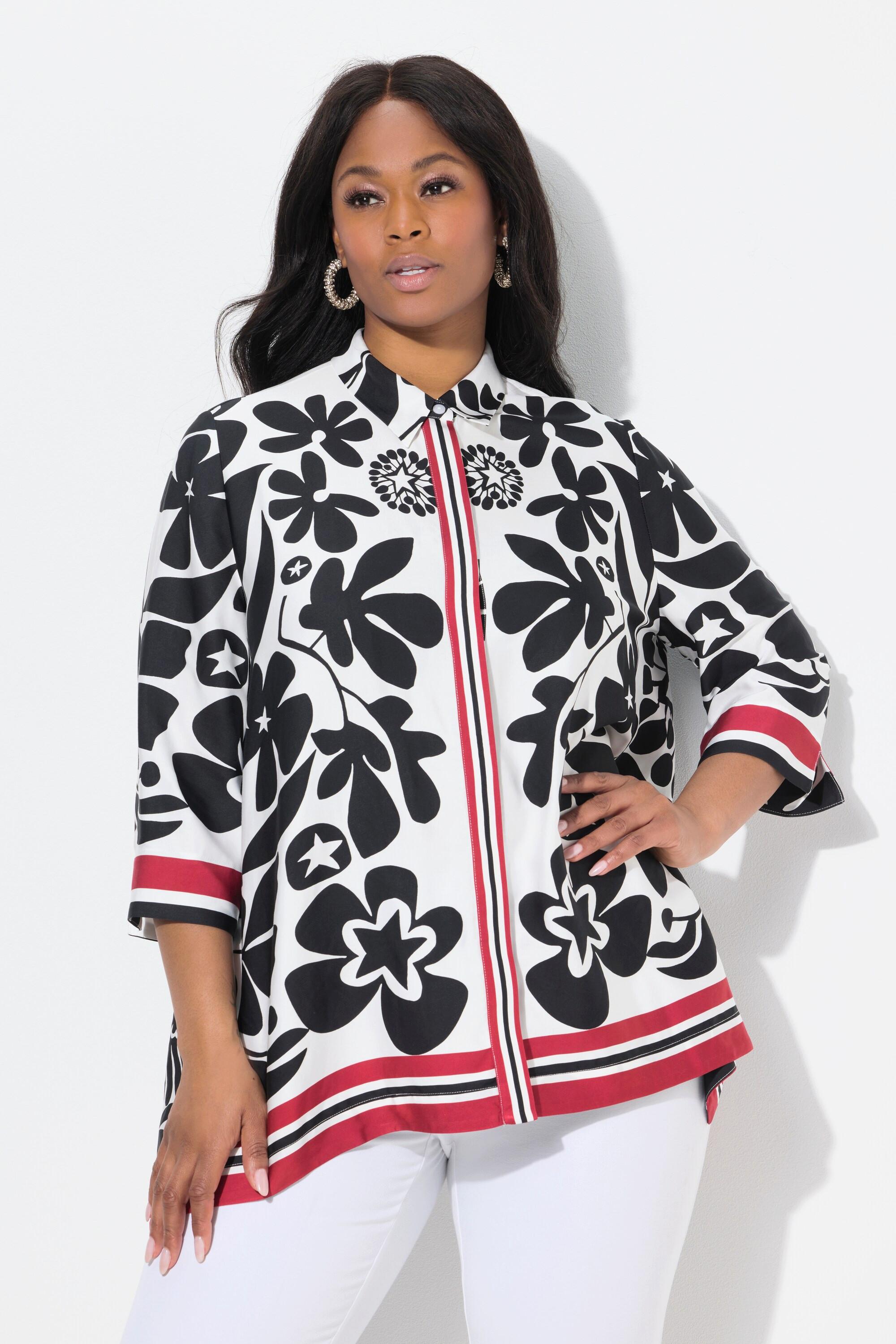 Ulla Popken Satinbluse, Blüten-Design, Zipfelsaum, 3/4-Arm