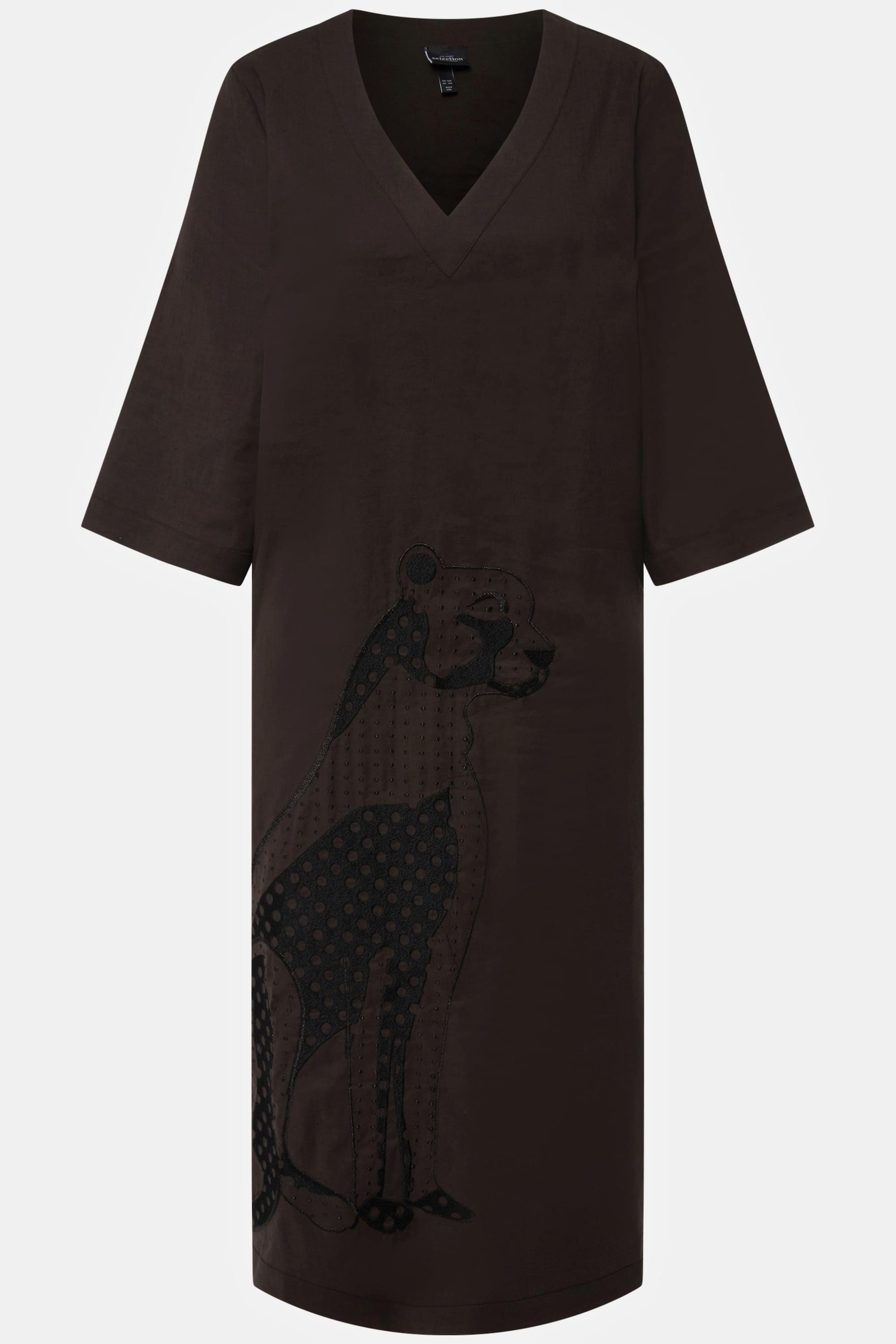 Ulla Popken Midikleid Leinenmix Stickerei V-Ausschnitt 3/4-Arm