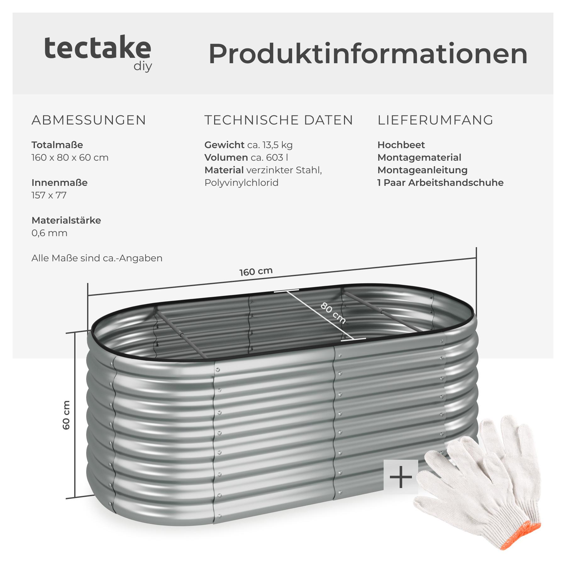 Tectake Hochbeet Flormma, 603l, verzinkt, 160x80x60cm