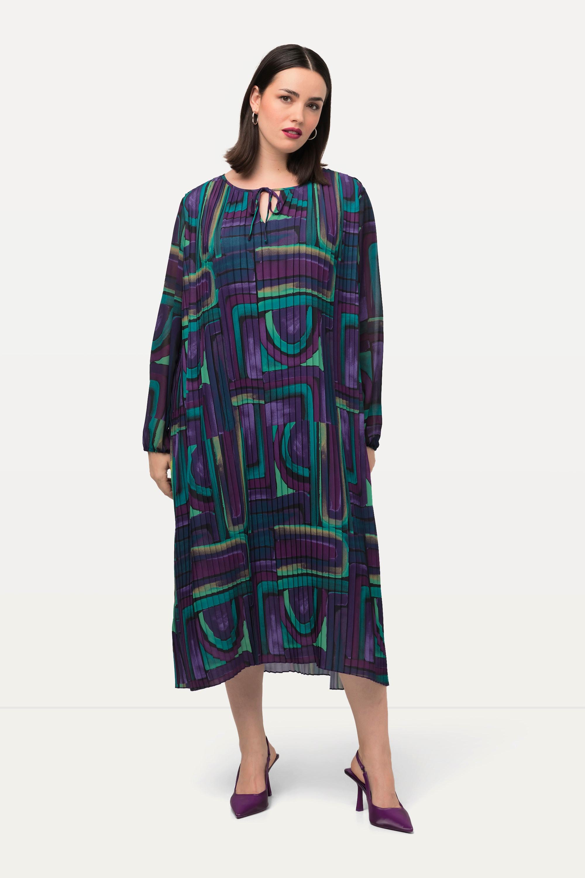 Ulla Popken Plissee Midikleid A-Linie Tunika-Ausschnitt Langarm