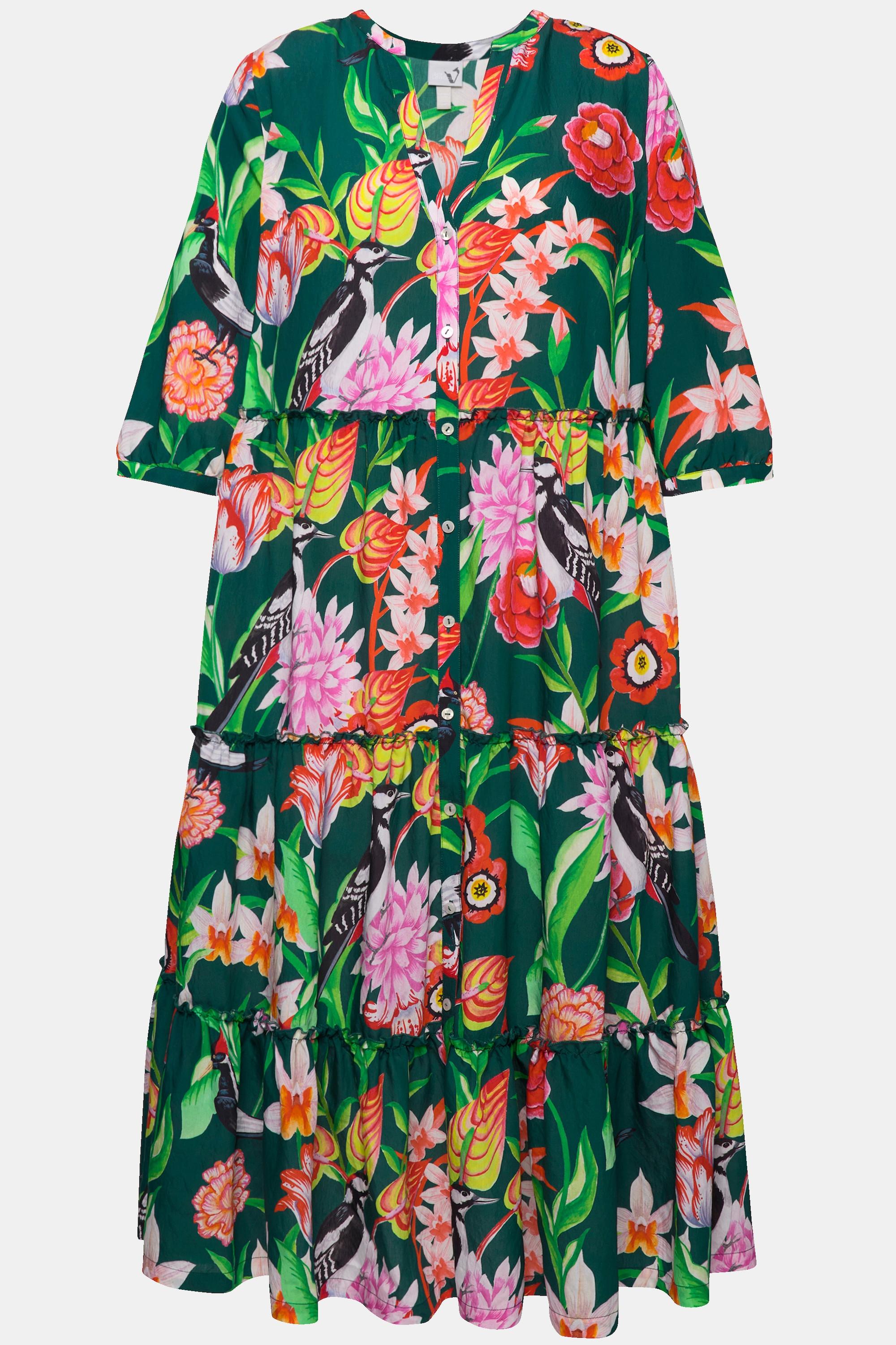 Ulla Popken Maxikleid Stehkragen V-Ausschnitt 3/4-Arm Floral